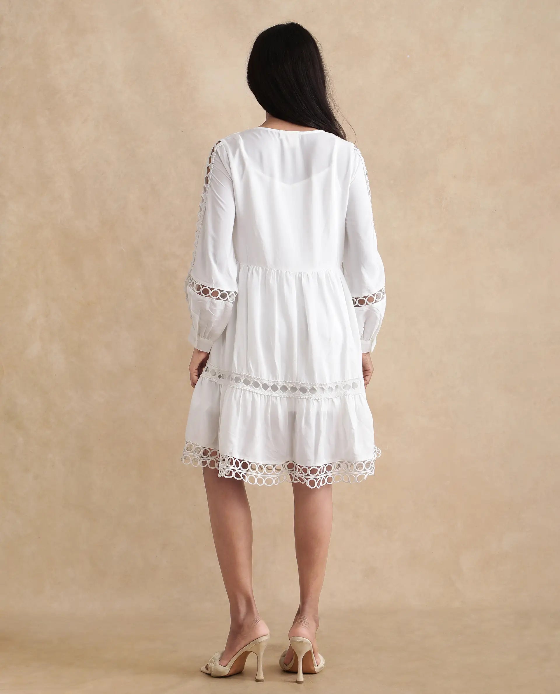 Rareism Women's Wimbledon White Polyester Mandarin Collar Plain Cuffed Sleeve Mini Relaxed Fit Dress