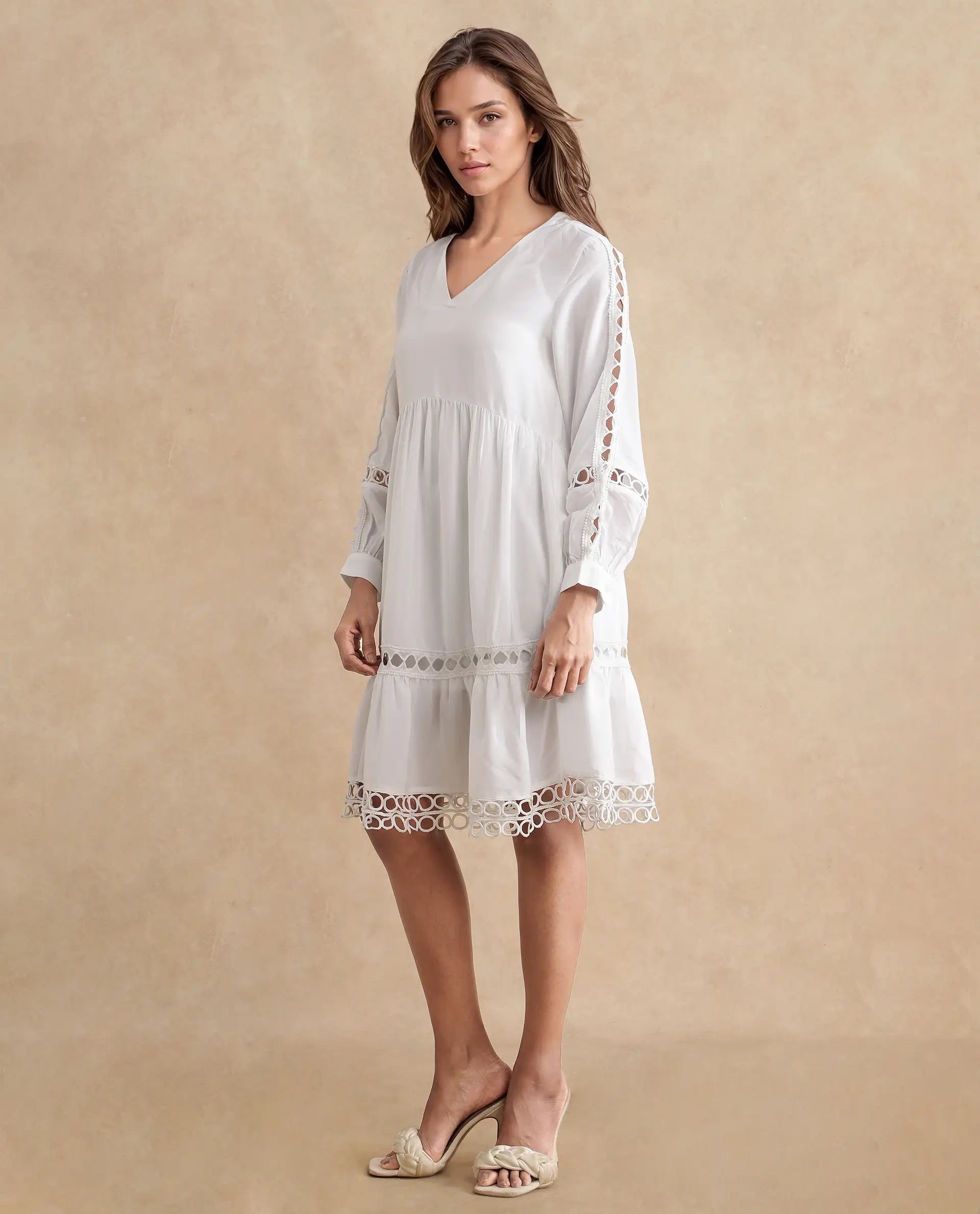 Rareism Women's Wimbledon White Polyester Mandarin Collar Plain Cuffed Sleeve Mini Relaxed Fit Dress