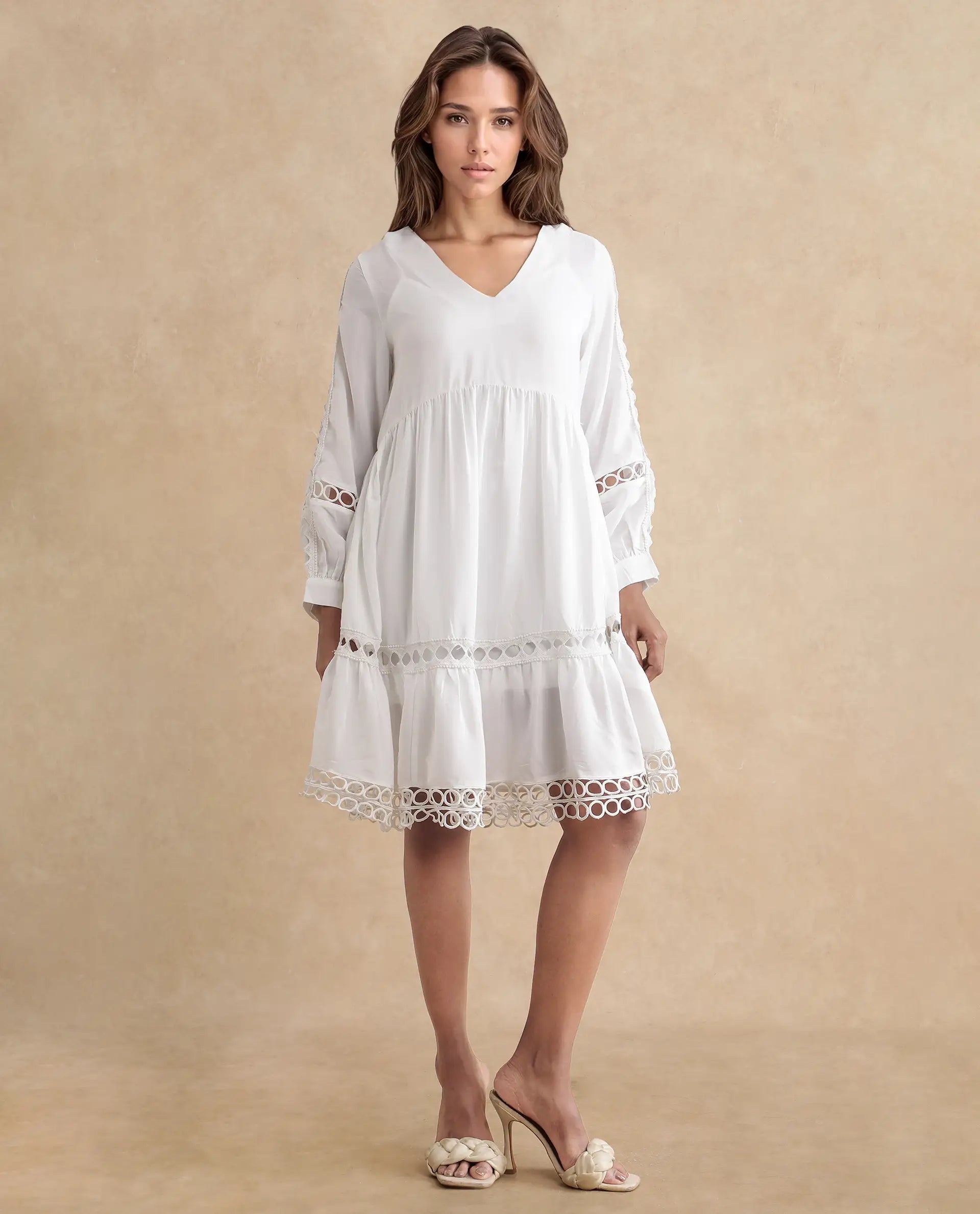 Rareism Women's Wimbledon White Polyester Mandarin Collar Plain Cuffed Sleeve Mini Relaxed Fit Dress