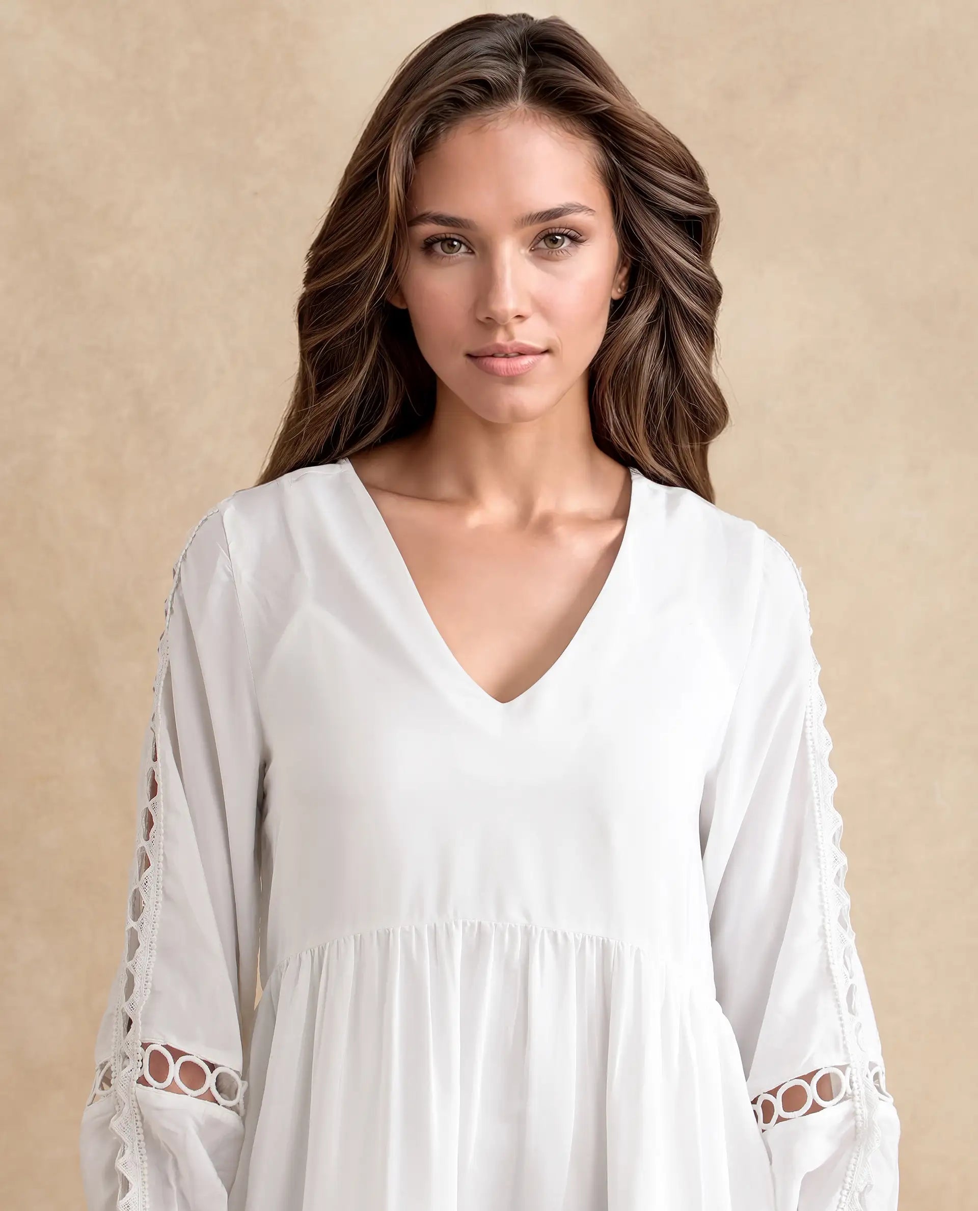 Rareism Women's Wimbledon White Polyester Mandarin Collar Plain Cuffed Sleeve Mini Relaxed Fit Dress