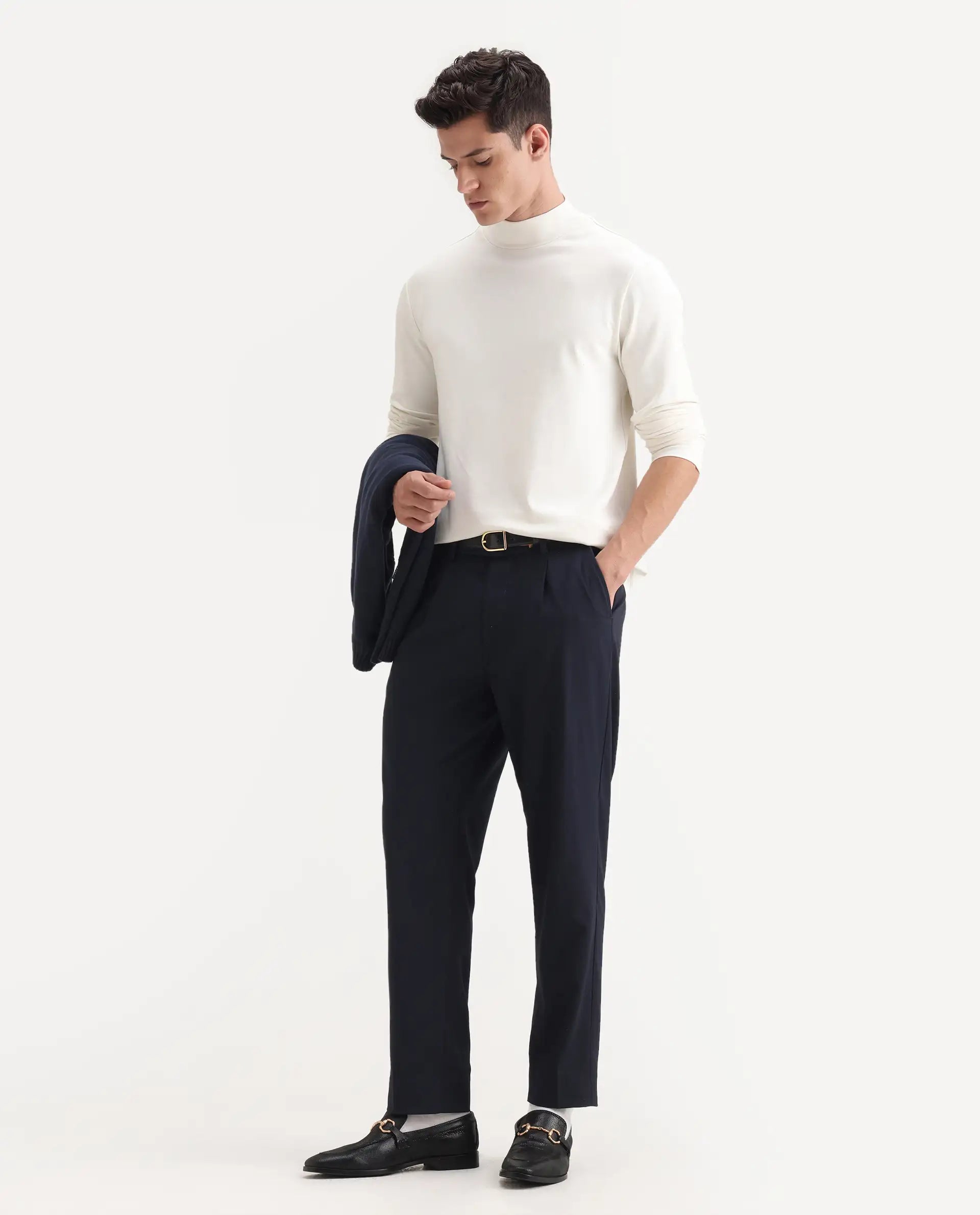 Rare Rabbit Men's Windsor Navy Cotton Plain Relaxed Fit Trouser