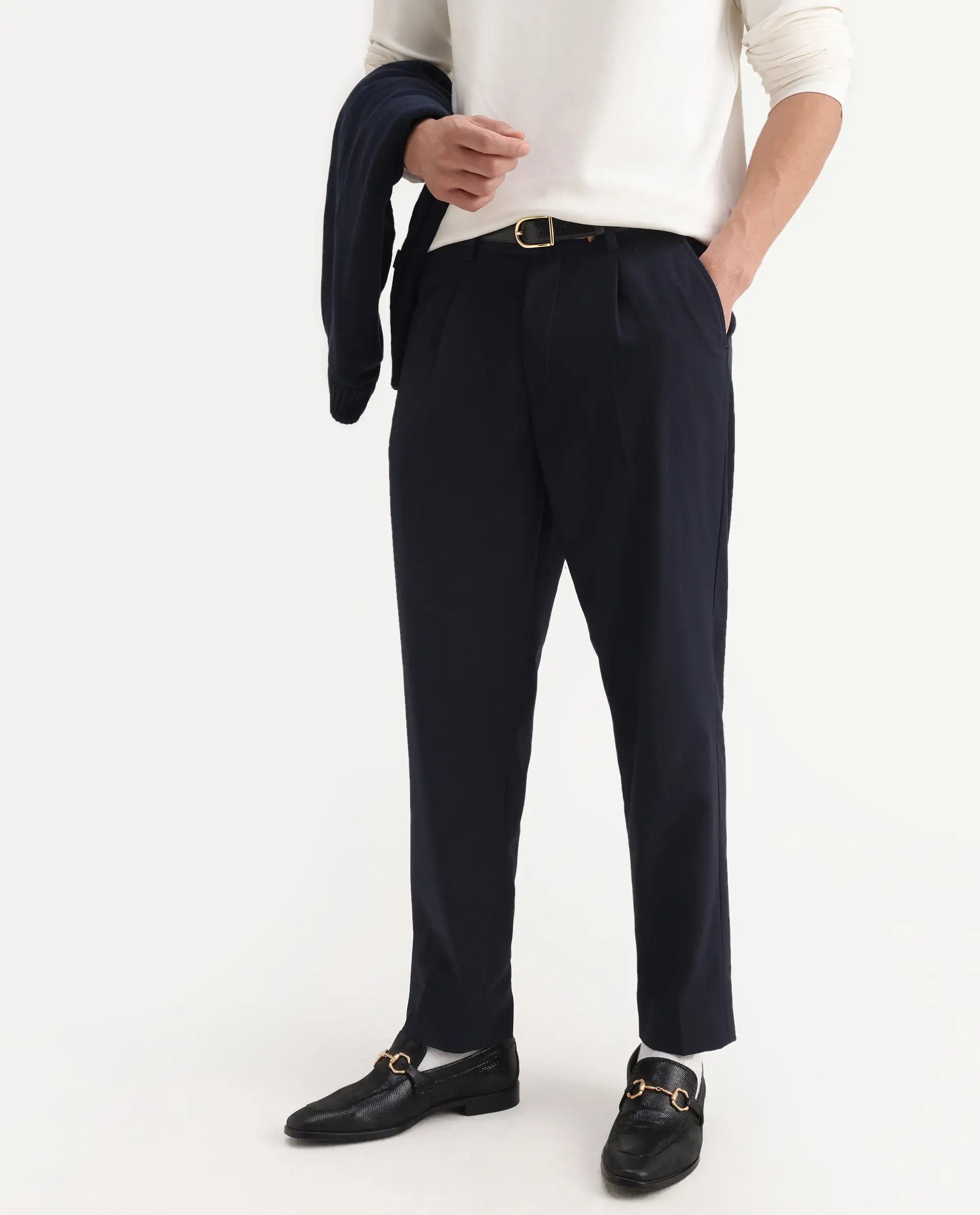 Rare Rabbit Men's Windsor Navy Cotton Plain Relaxed Fit Trouser