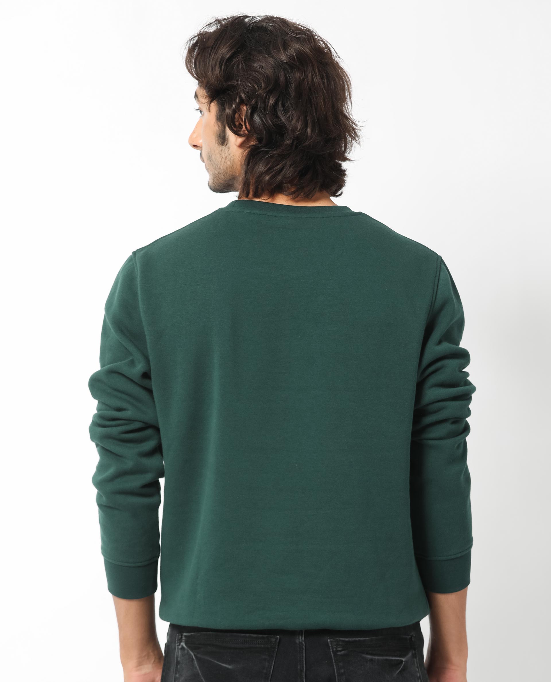 Rare Rabbit Men's Winfred Green Cotton Polyester Fabric Full Sleeves Graphic Print Sweatshirt