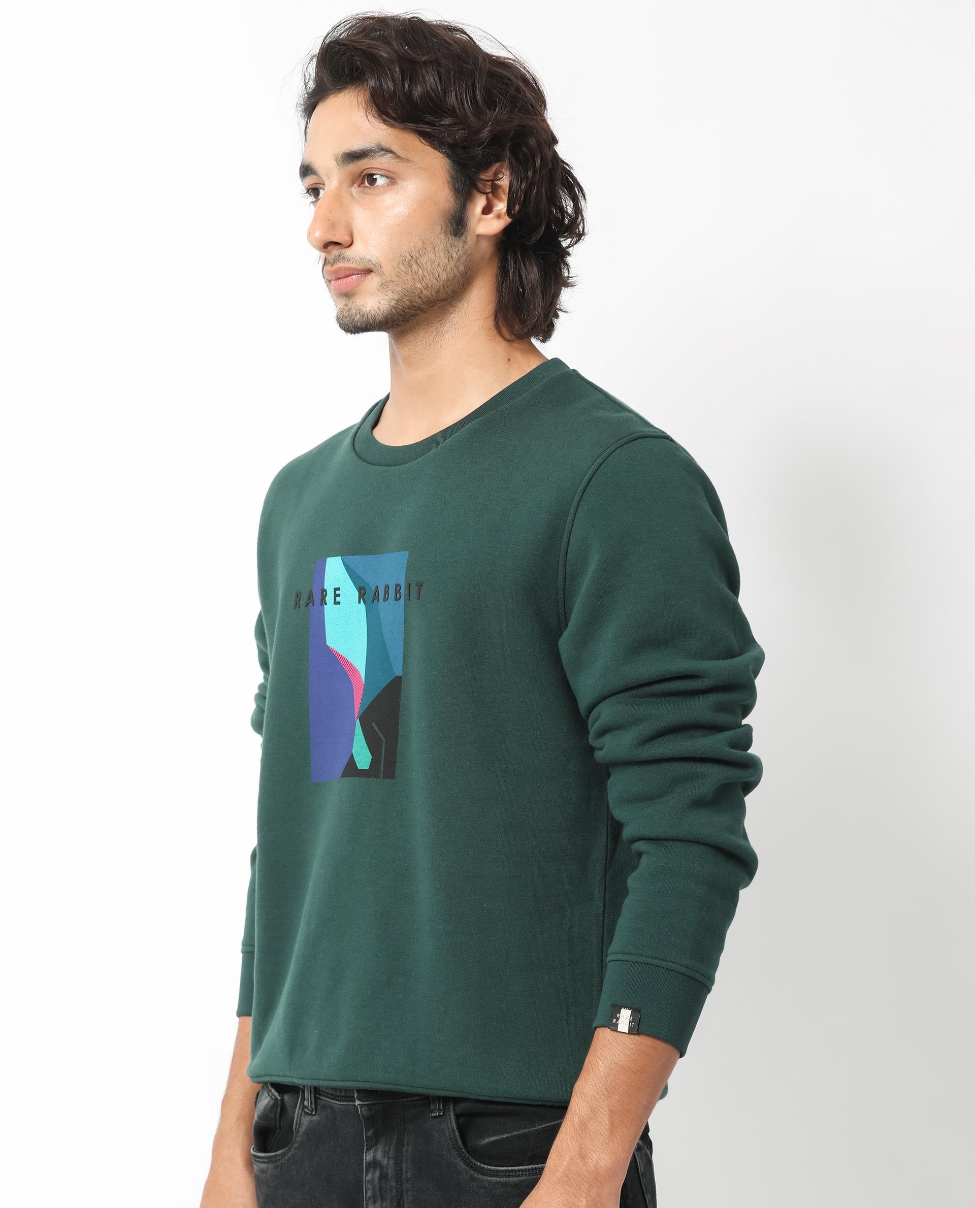 Rare Rabbit Men's Winfred Green Cotton Polyester Fabric Full Sleeves Graphic Print Sweatshirt