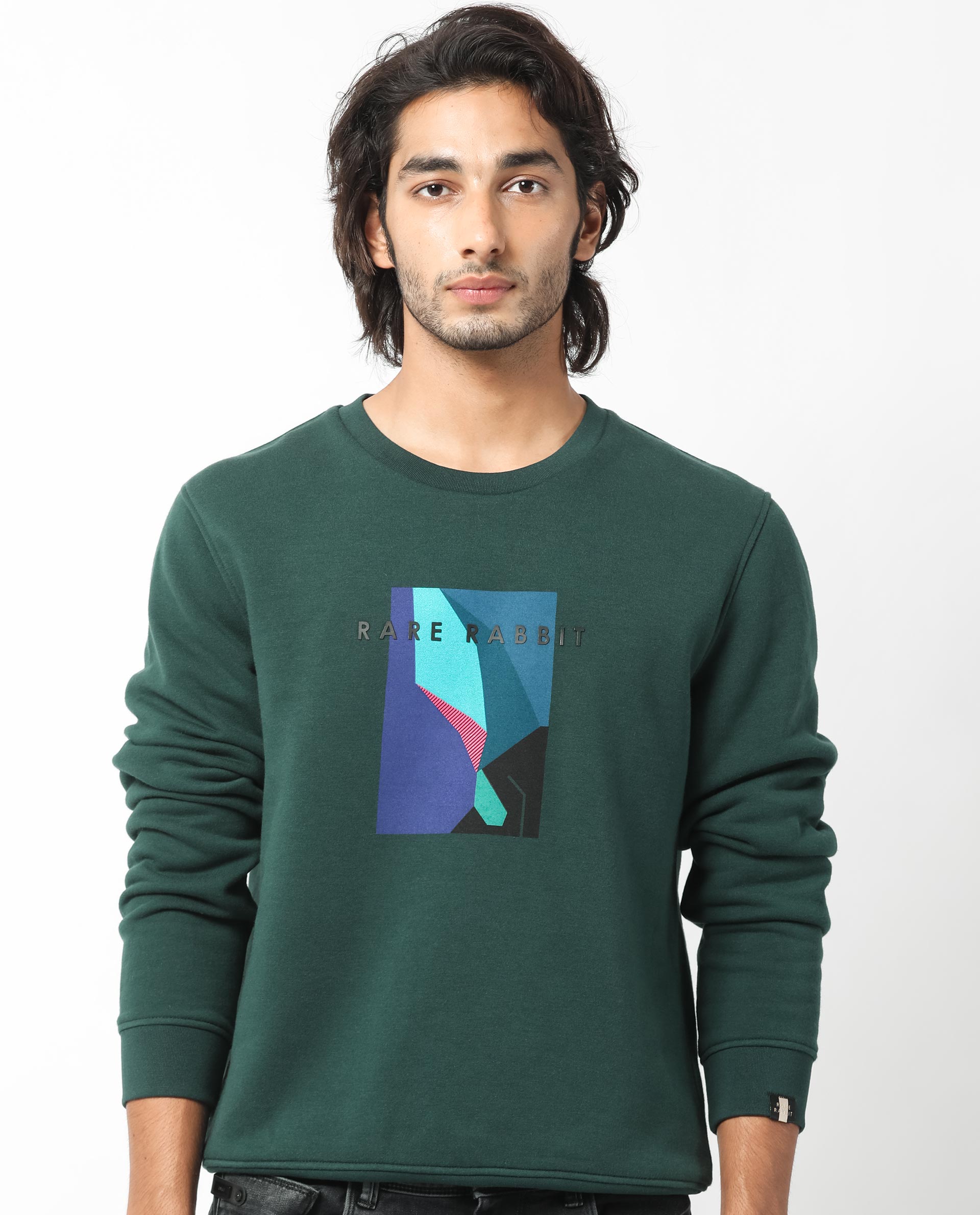 Rare Rabbit Men's Winfred Green Cotton Polyester Fabric Full Sleeves Graphic Print Sweatshirt