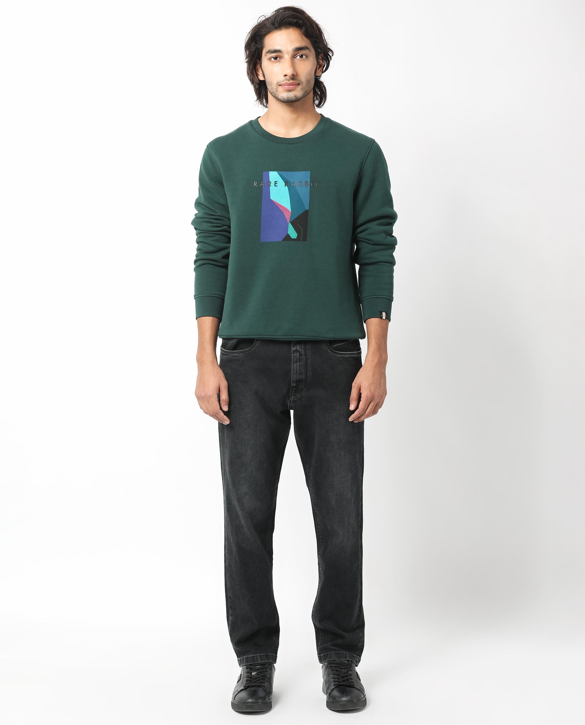 Rare Rabbit Men's Winfred Green Cotton Polyester Fabric Full Sleeves Graphic Print Sweatshirt
