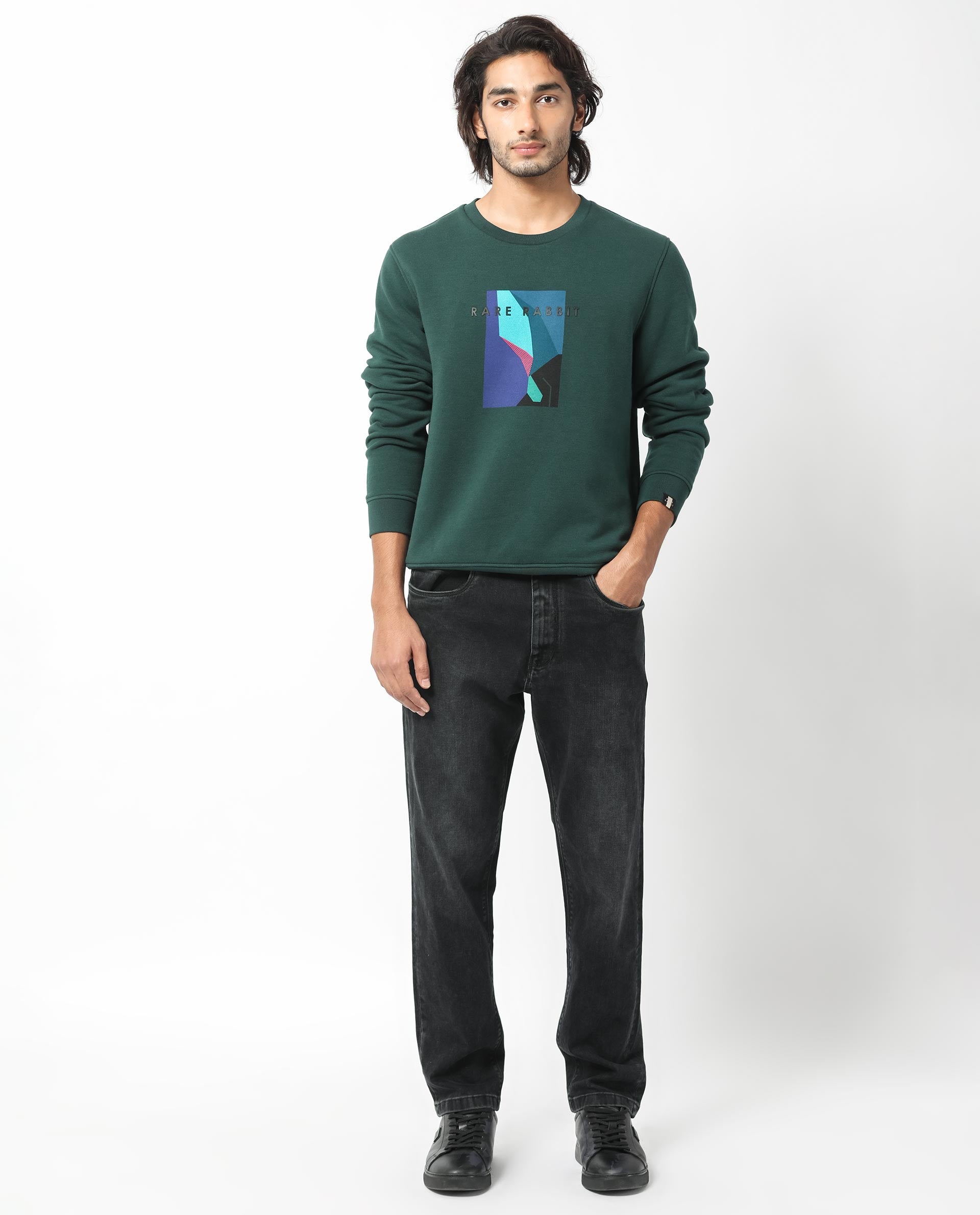 Rare Rabbit Men's Winfred Green Cotton Polyester Fabric Full Sleeves Graphic Print Sweatshirt