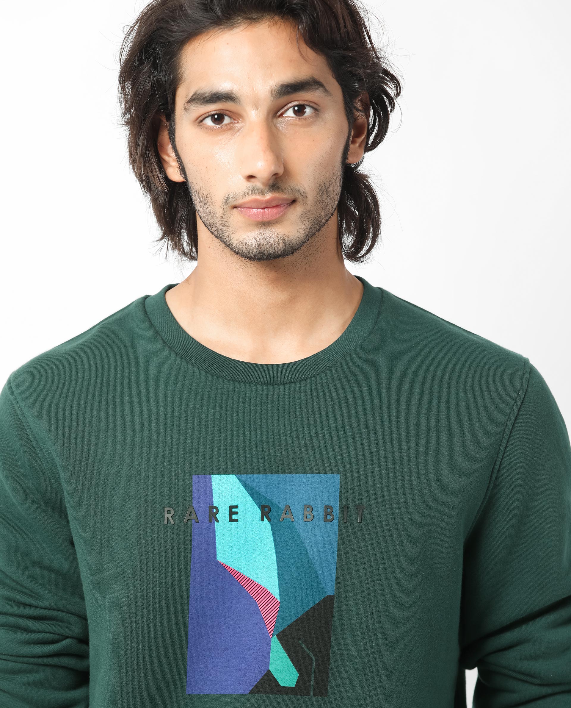Rare Rabbit Men's Winfred Green Cotton Polyester Fabric Full Sleeves Graphic Print Sweatshirt