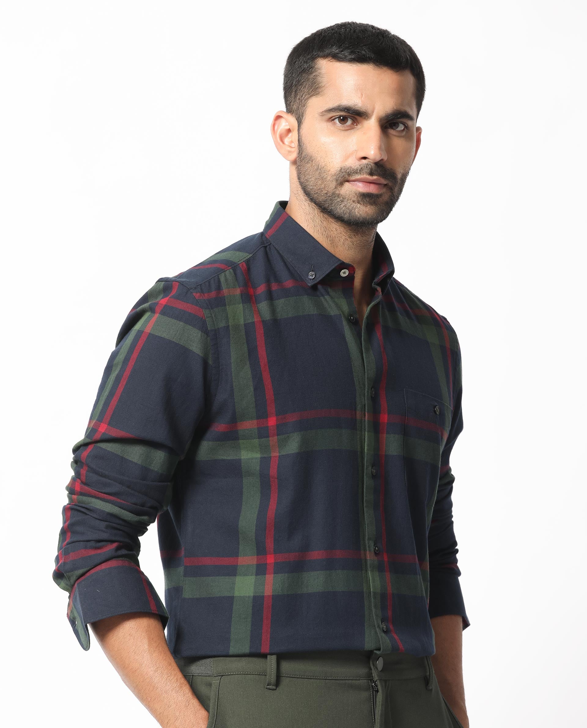 Rare Rabbit Men's Wink Dark Navy Cotton Fabric Full Sleeves Checks Shirt