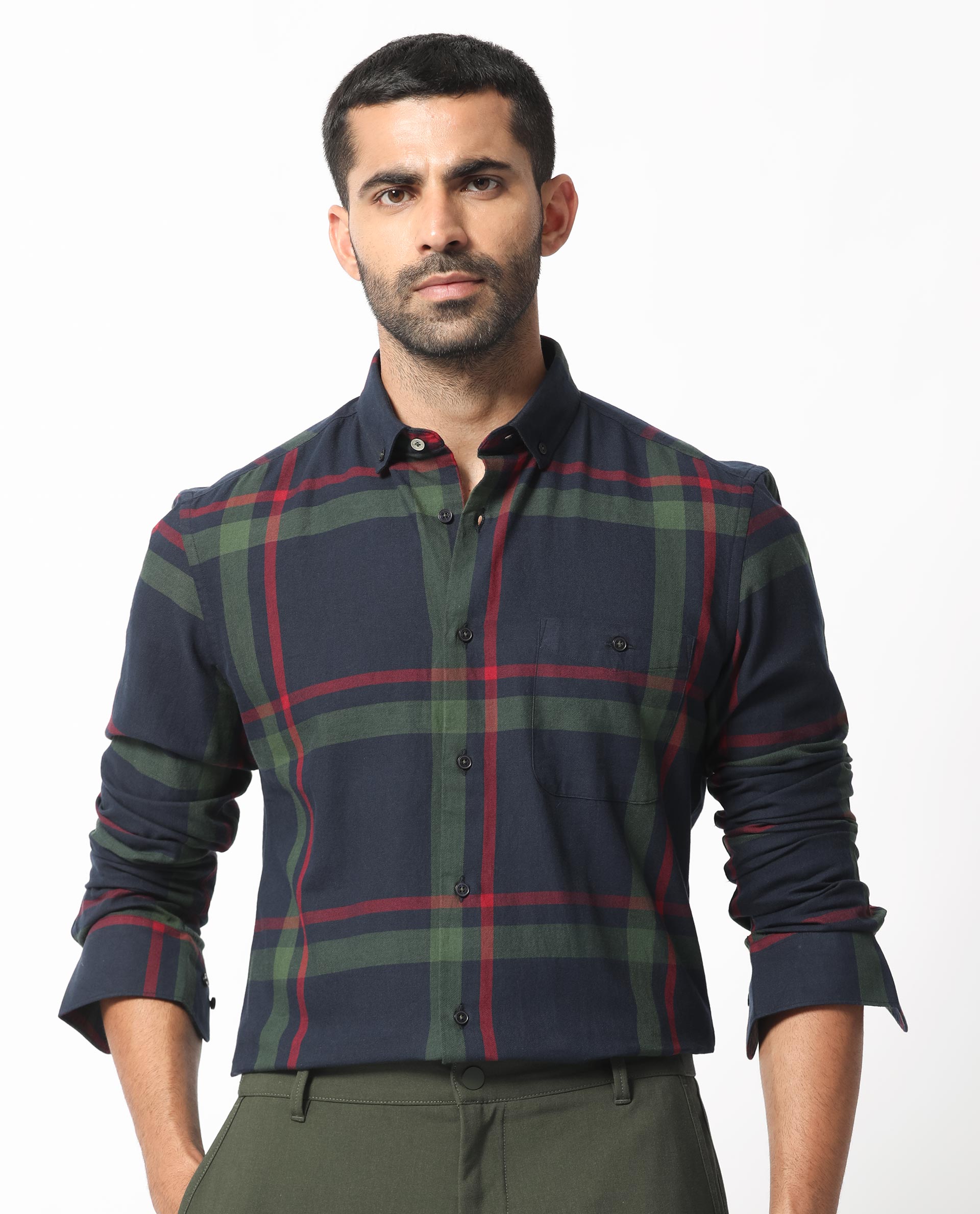 Rare Rabbit Men's Wink Dark Navy Cotton Fabric Full Sleeves Checks Shirt