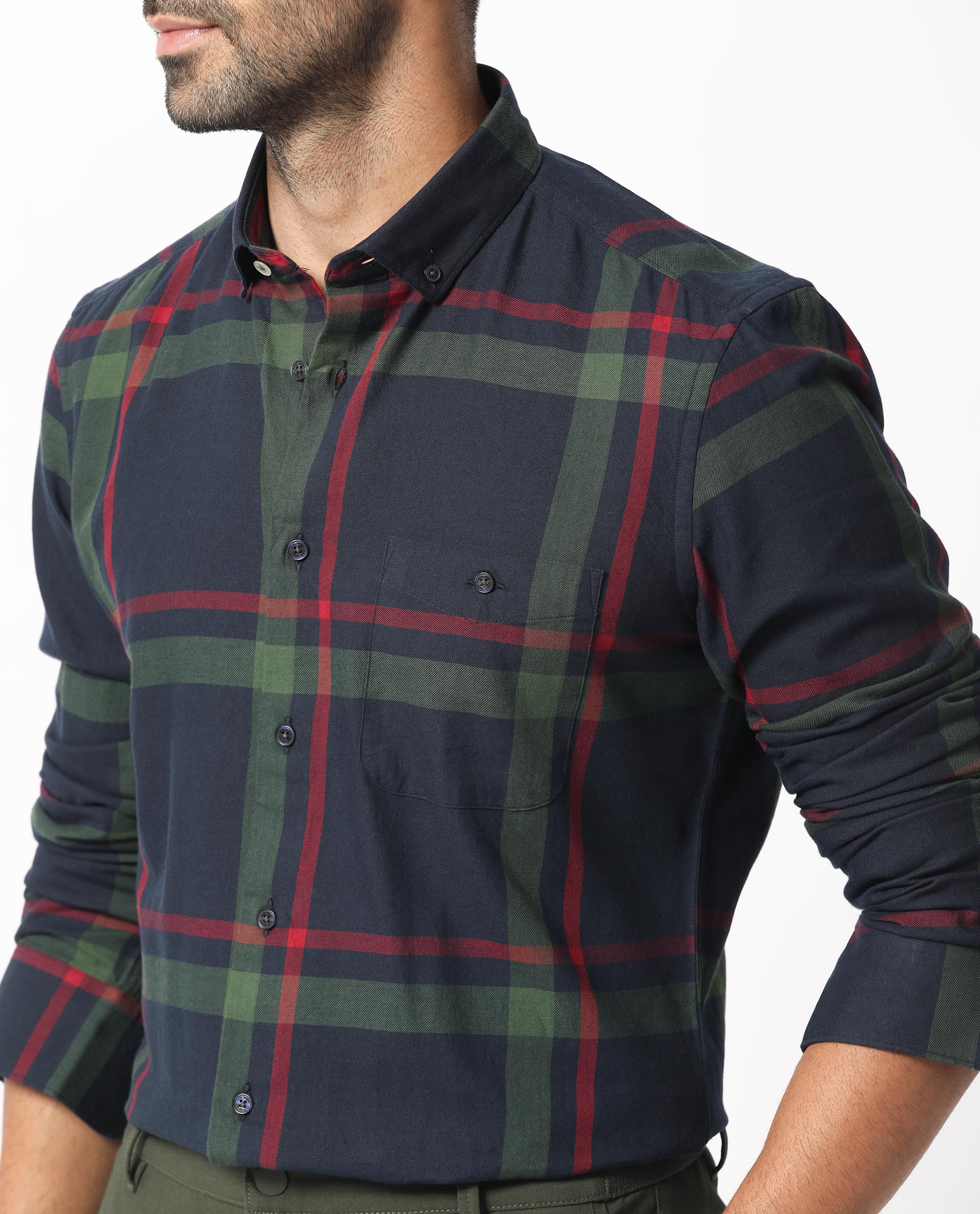 Rare Rabbit Men's Wink Dark Navy Cotton Fabric Full Sleeves Checks Shirt