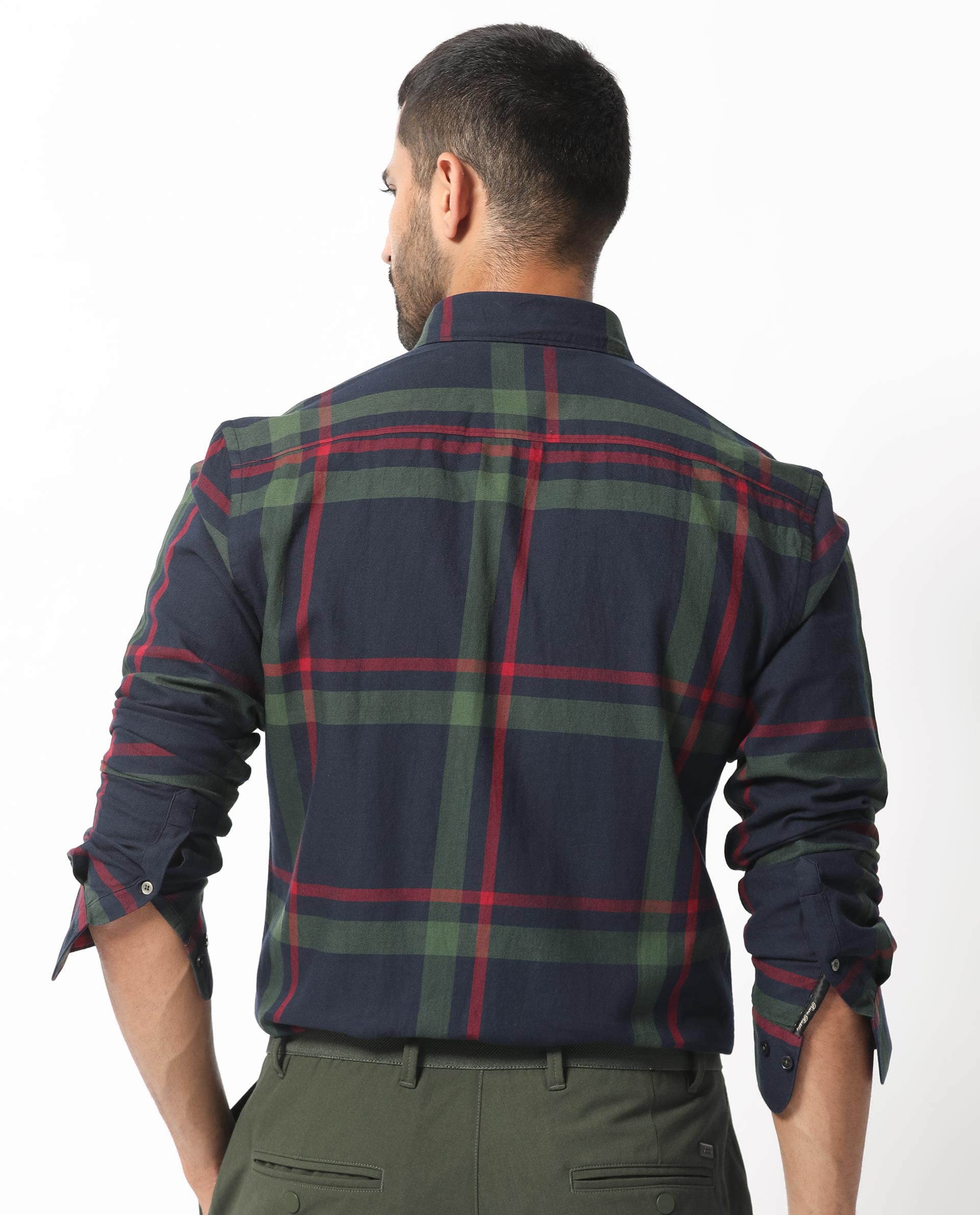 Rare Rabbit Men's Wink Dark Navy Cotton Fabric Full Sleeves Checks Shirt