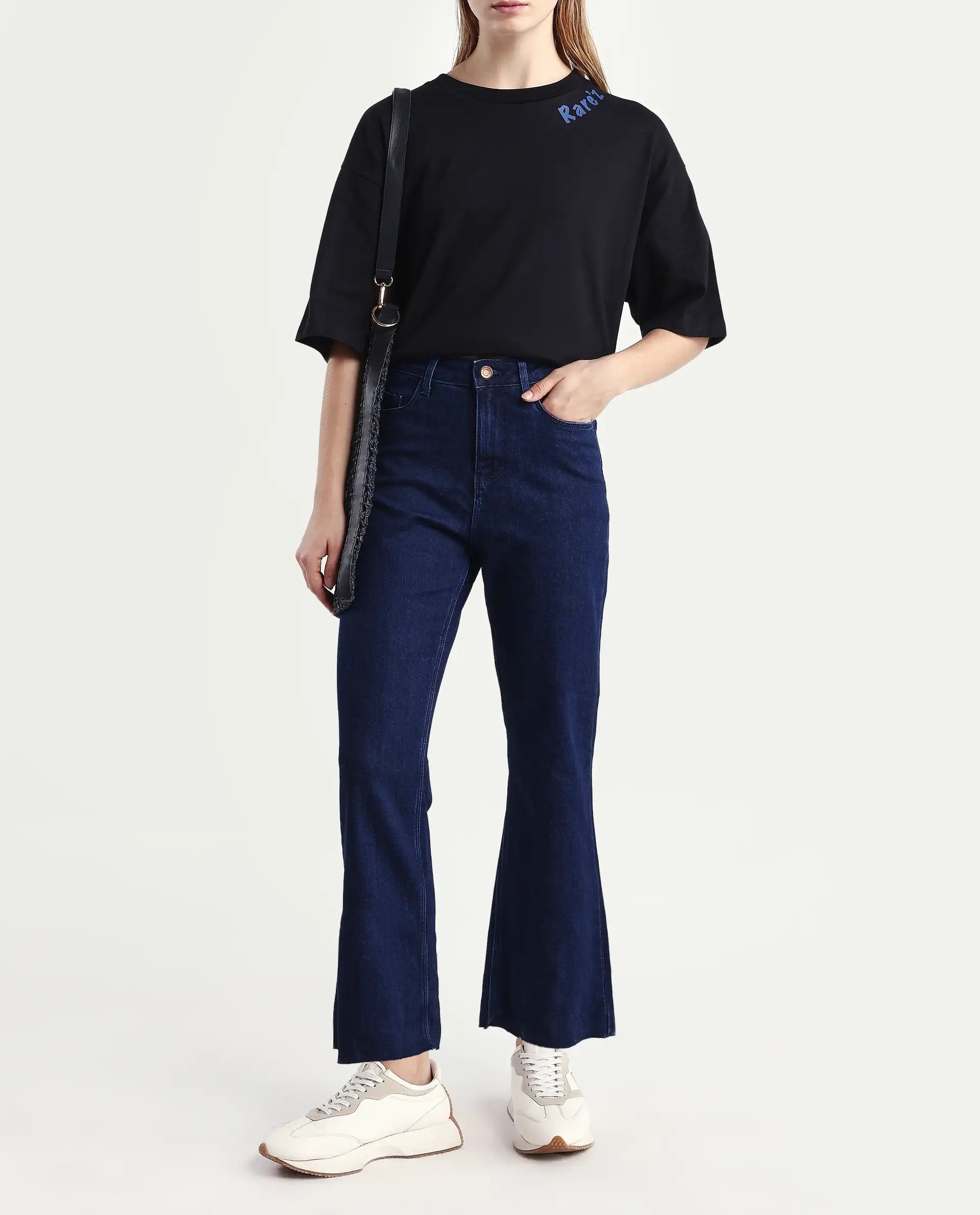 Rareism Women's Winona Dark Blue Cotton Blend Plain Ankle Length Crop Flare Jeans