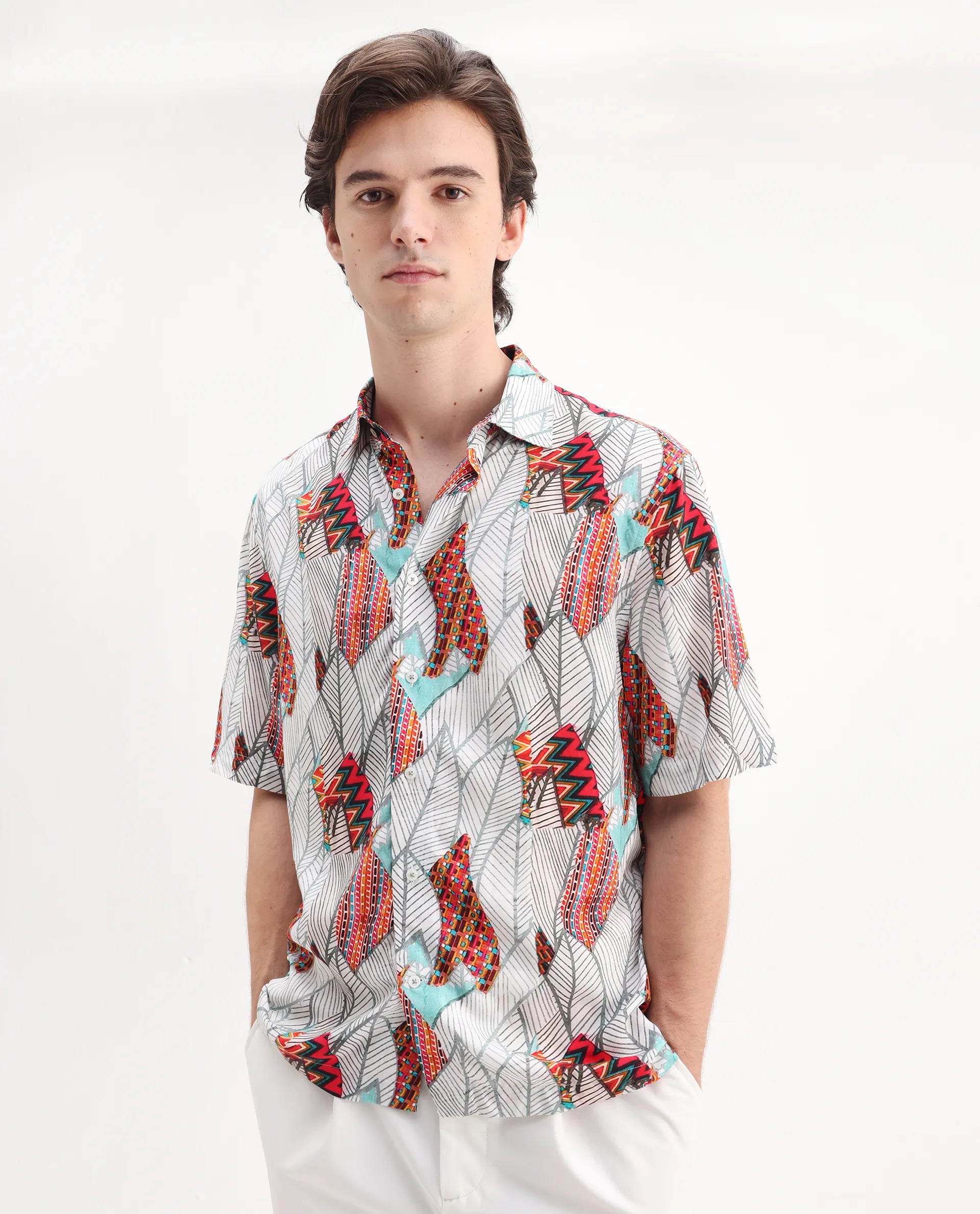 Rare Rabbit Men's Winona White Cotton Floral Print Boxy Fit Half Sleeve Collared Shirt