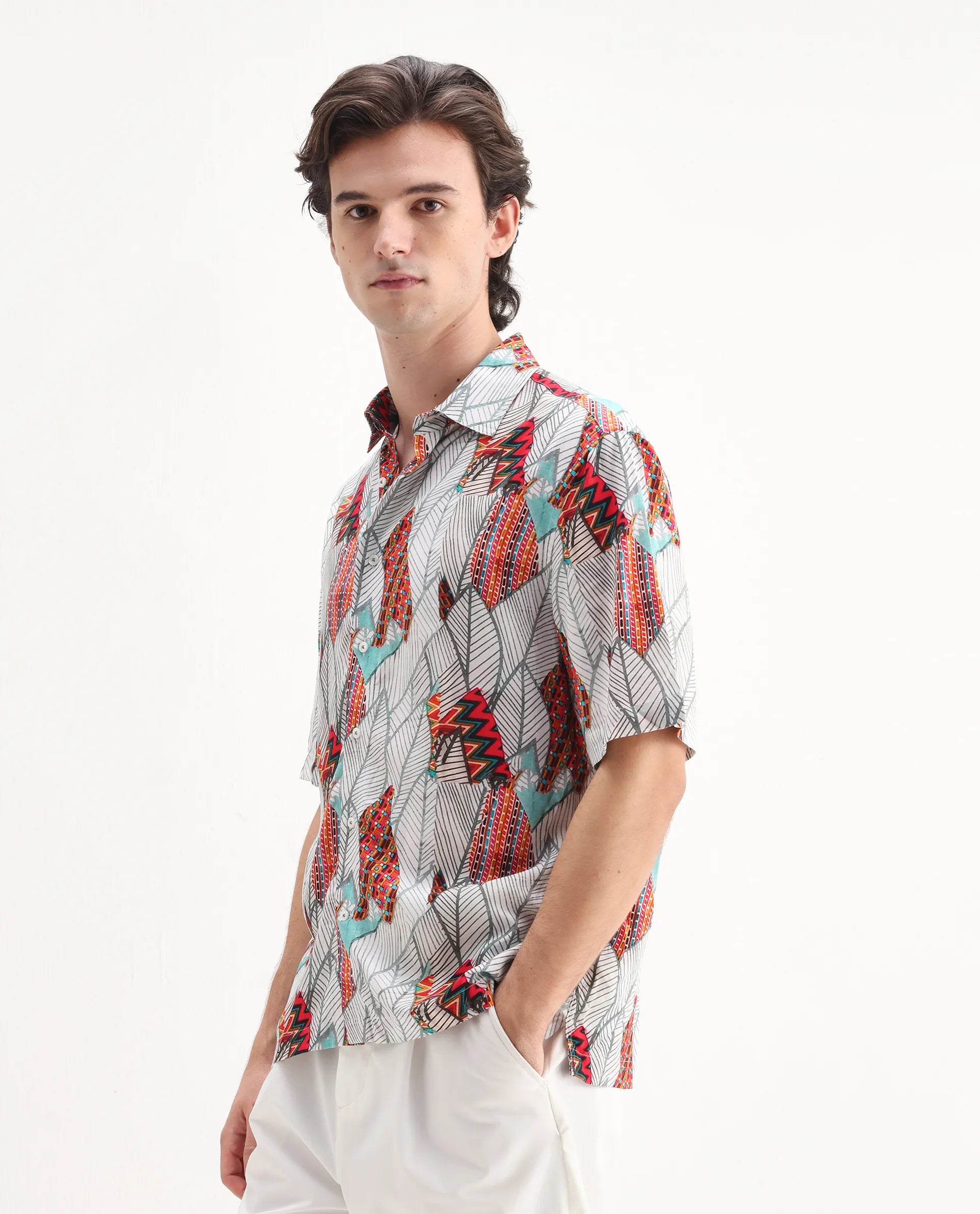 Rare Rabbit Men's Winona White Cotton Floral Print Boxy Fit Half Sleeve Collared Shirt