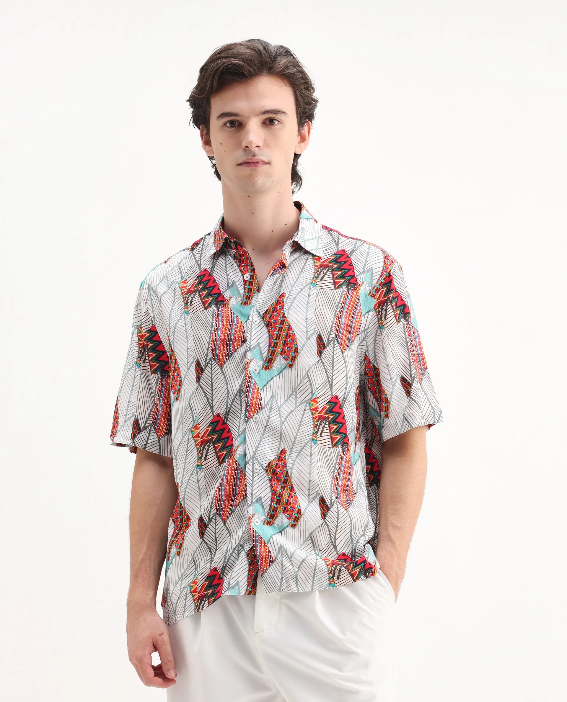 Rare Rabbit Men's Winona White Cotton Floral Print Boxy Fit Half Sleeve Collared Shirt