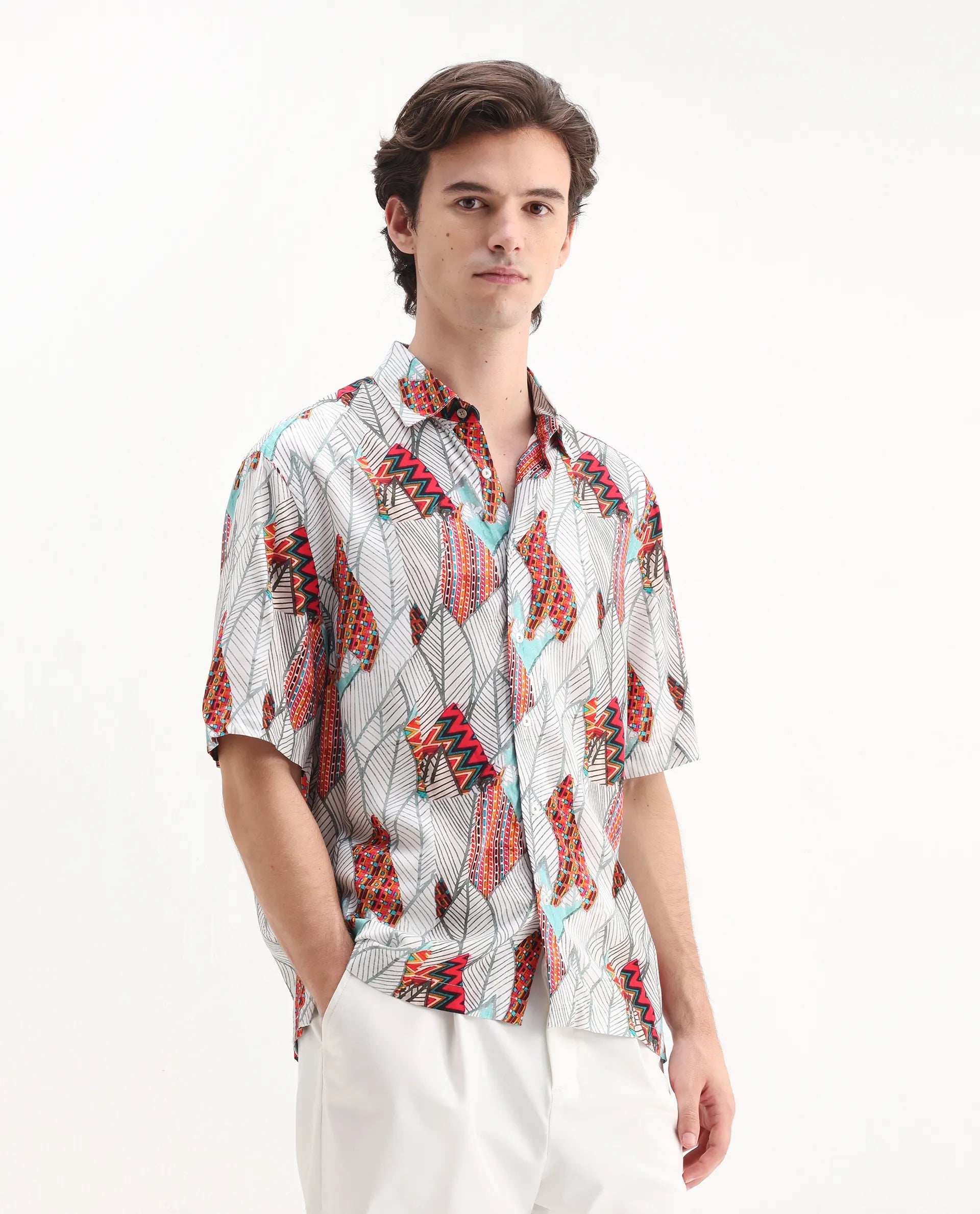 Rare Rabbit Men's Winona White Cotton Floral Print Boxy Fit Half Sleeve Collared Shirt