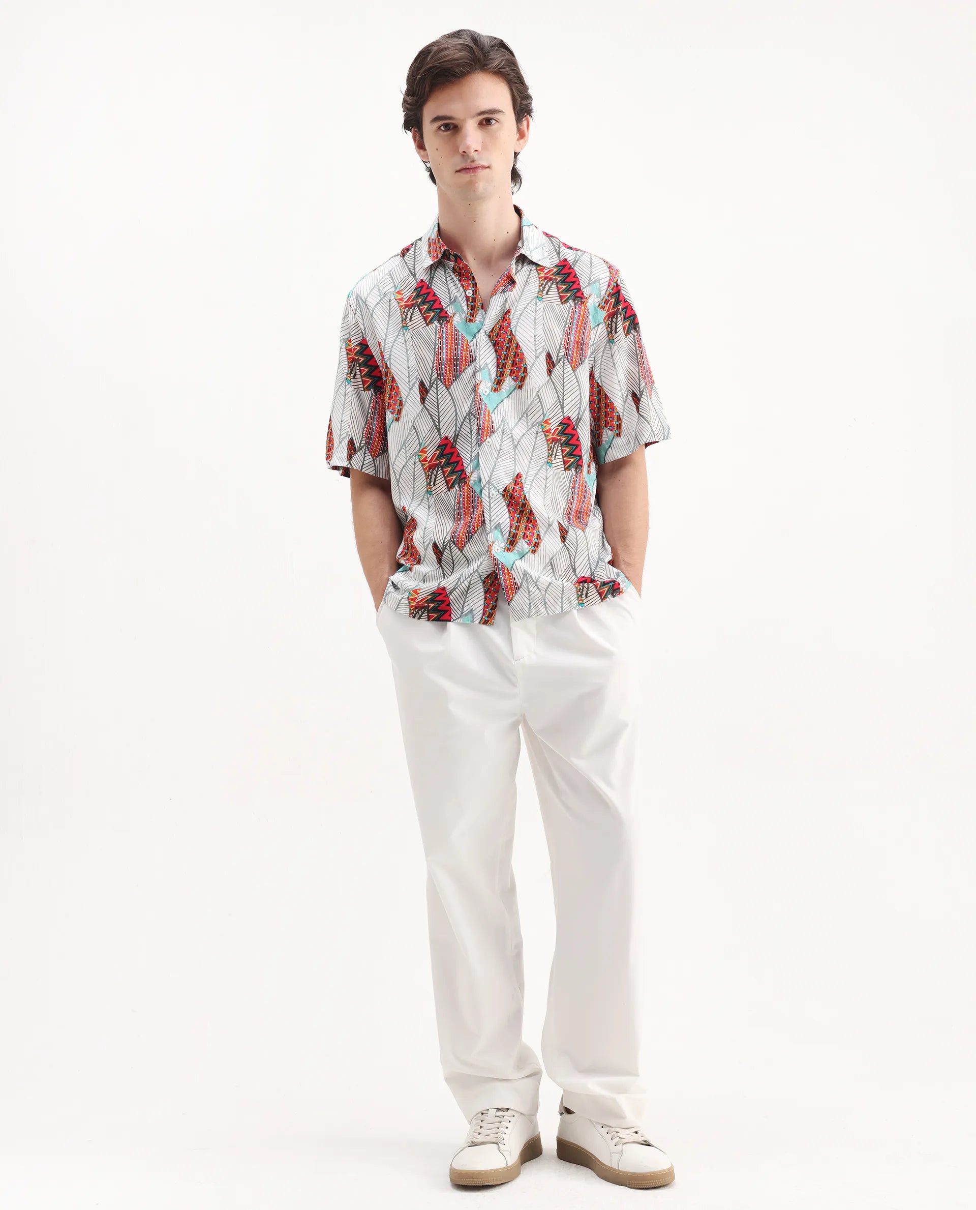 Rare Rabbit Men's Winona White Cotton Floral Print Boxy Fit Half Sleeve Collared Shirt