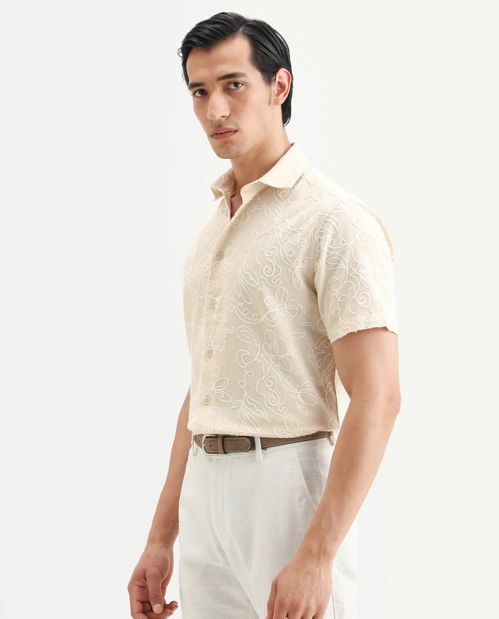 Rare Rabbit Men's Winsen Beige Cotton Fabric Half Sleeve Spread Collar Regular Fit Embroidered Shirt
