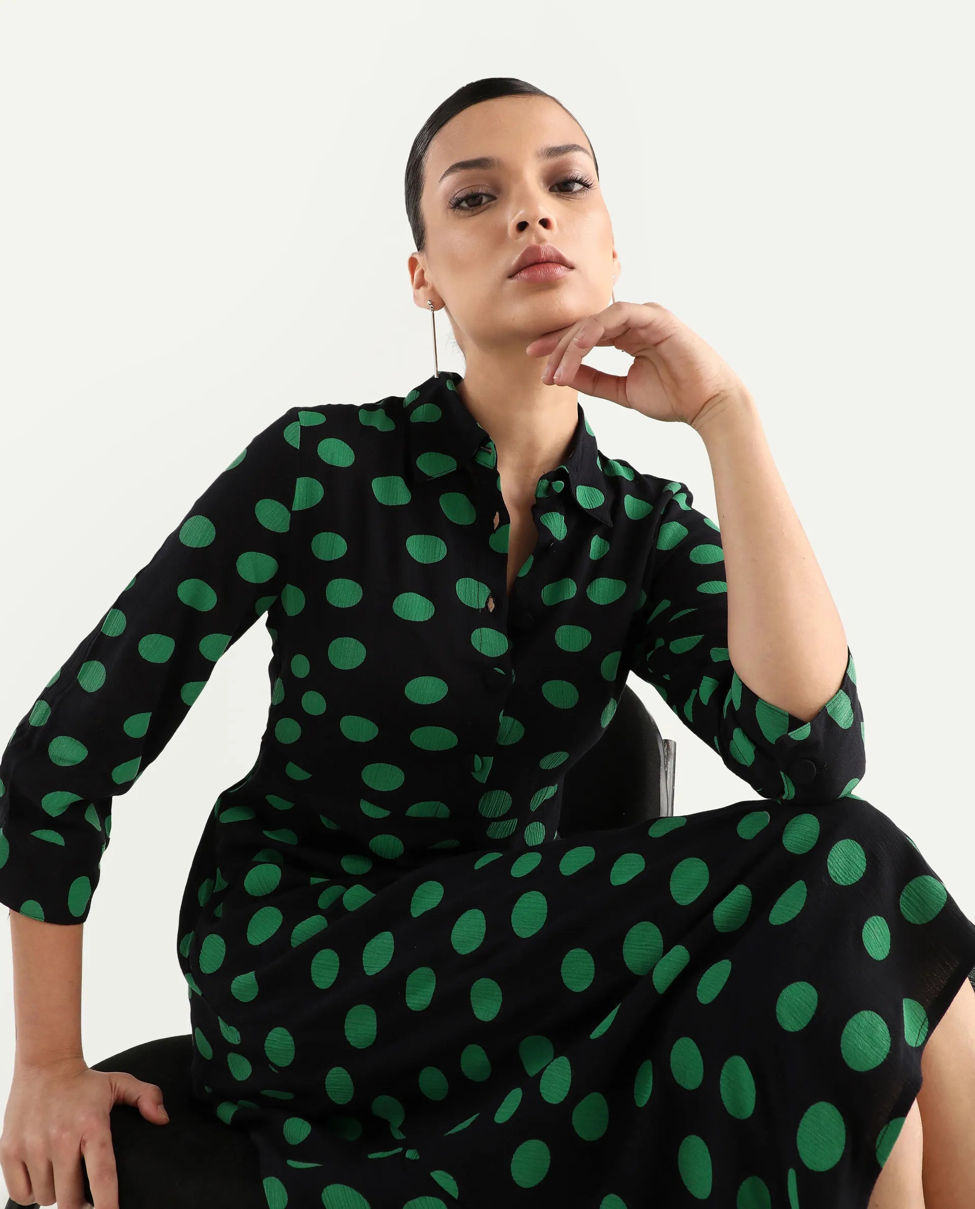 Rareism Women's Winslet Black Rayon Drop Collar Polka Print Cuffed Sleeve Maxi Flared Dress