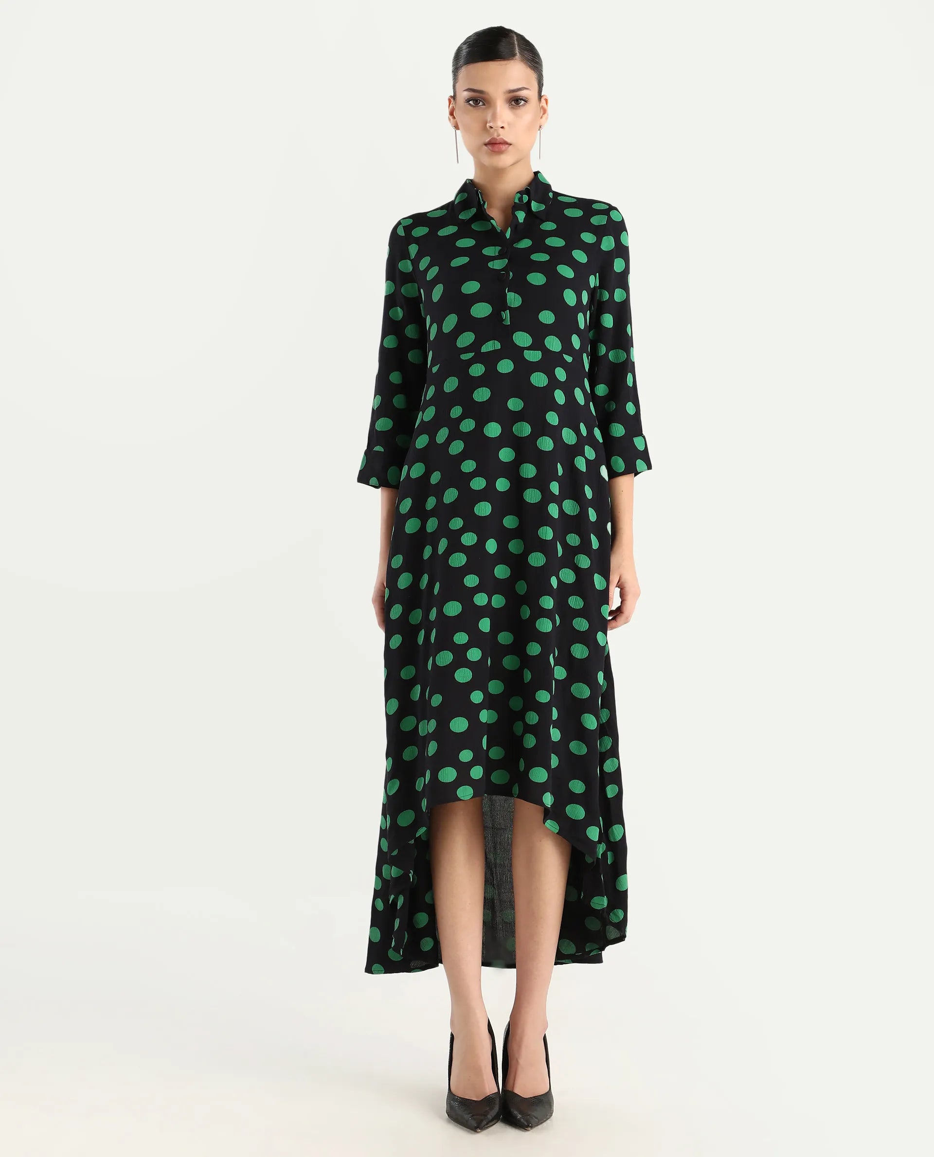 Rareism Women's Winslet Black Rayon Drop Collar Polka Print Cuffed Sleeve Maxi Flared Dress