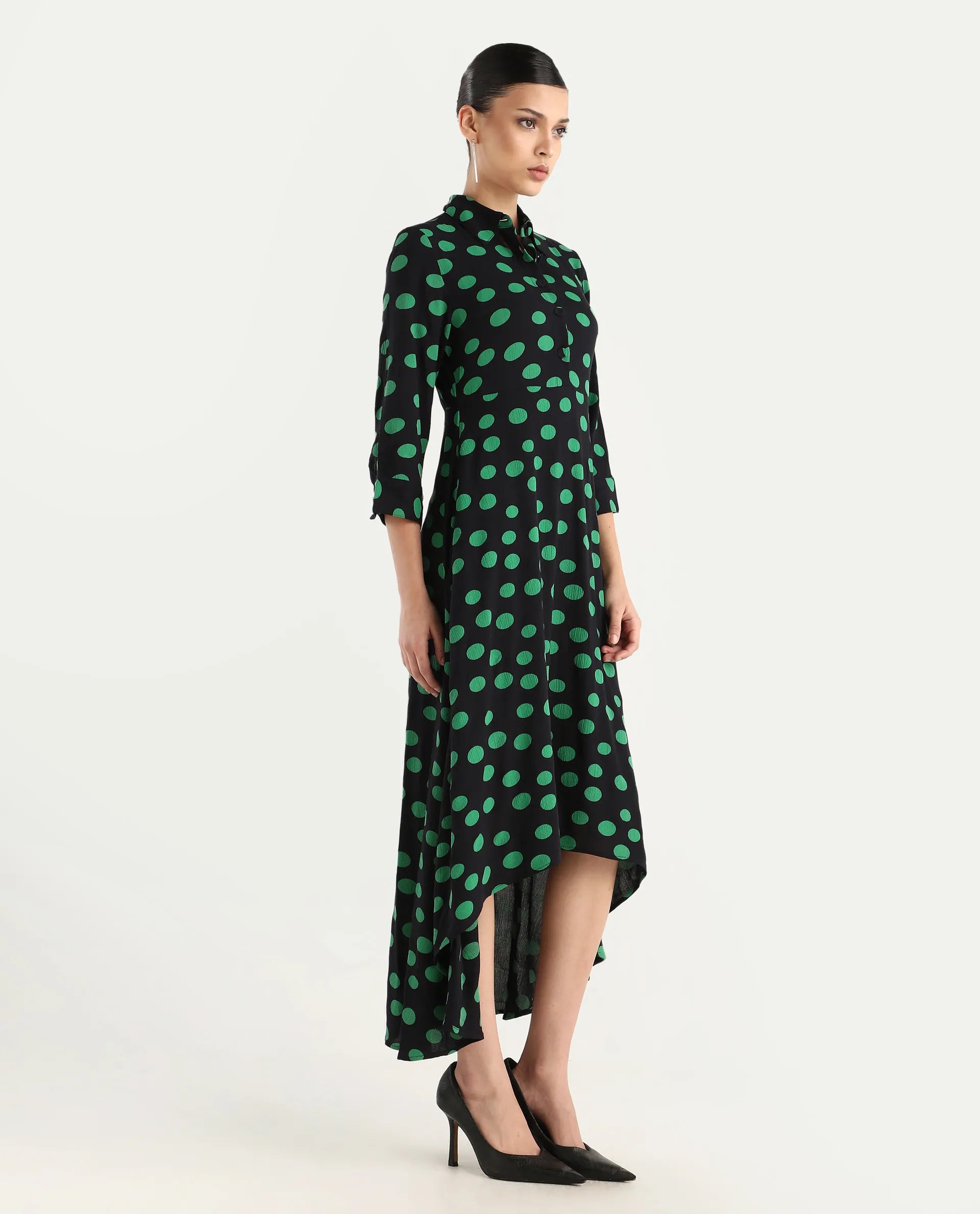 Rareism Women's Winslet Black Rayon Drop Collar Polka Print Cuffed Sleeve Maxi Flared Dress