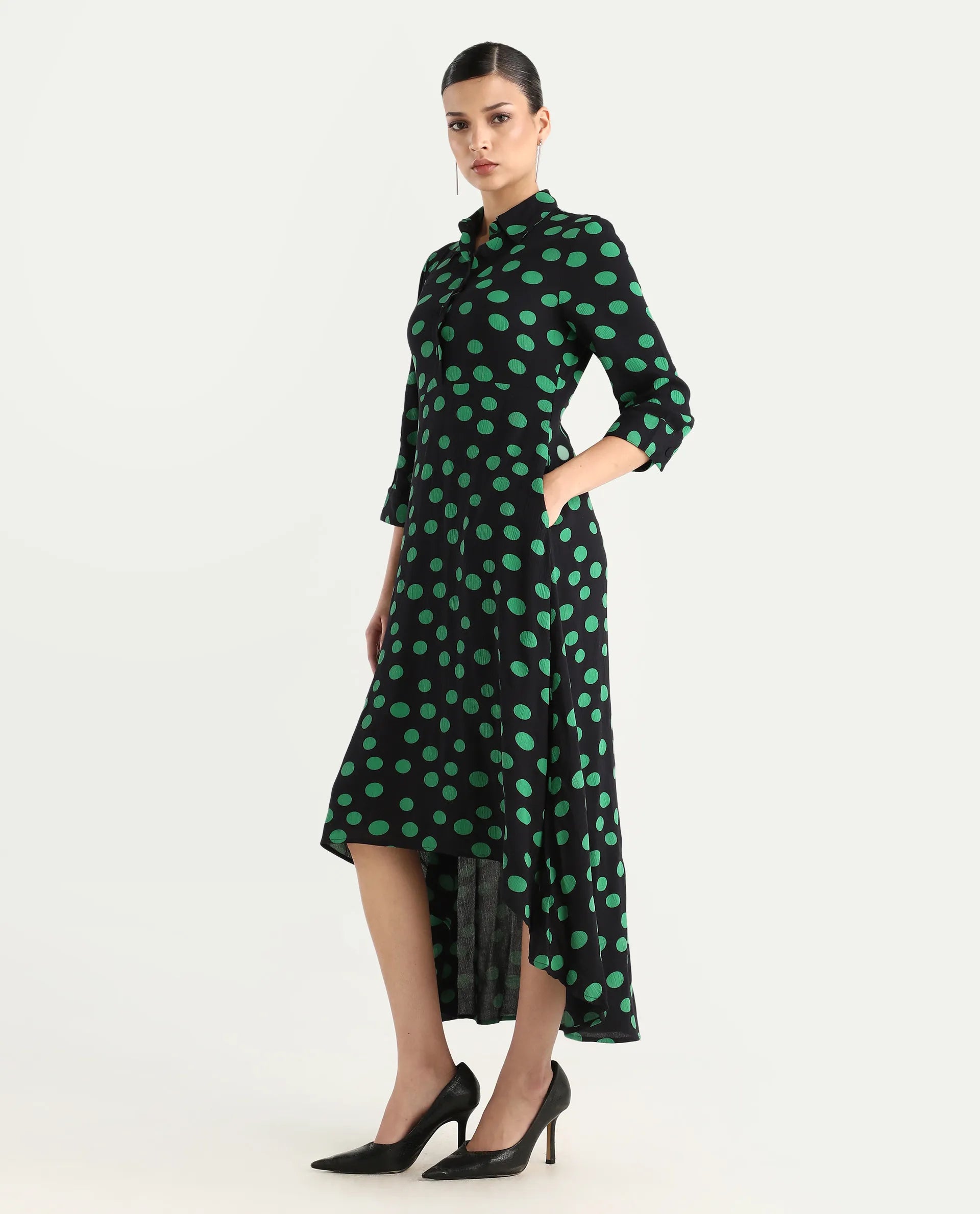 Rareism Women's Winslet Black Rayon Drop Collar Polka Print Cuffed Sleeve Maxi Flared Dress