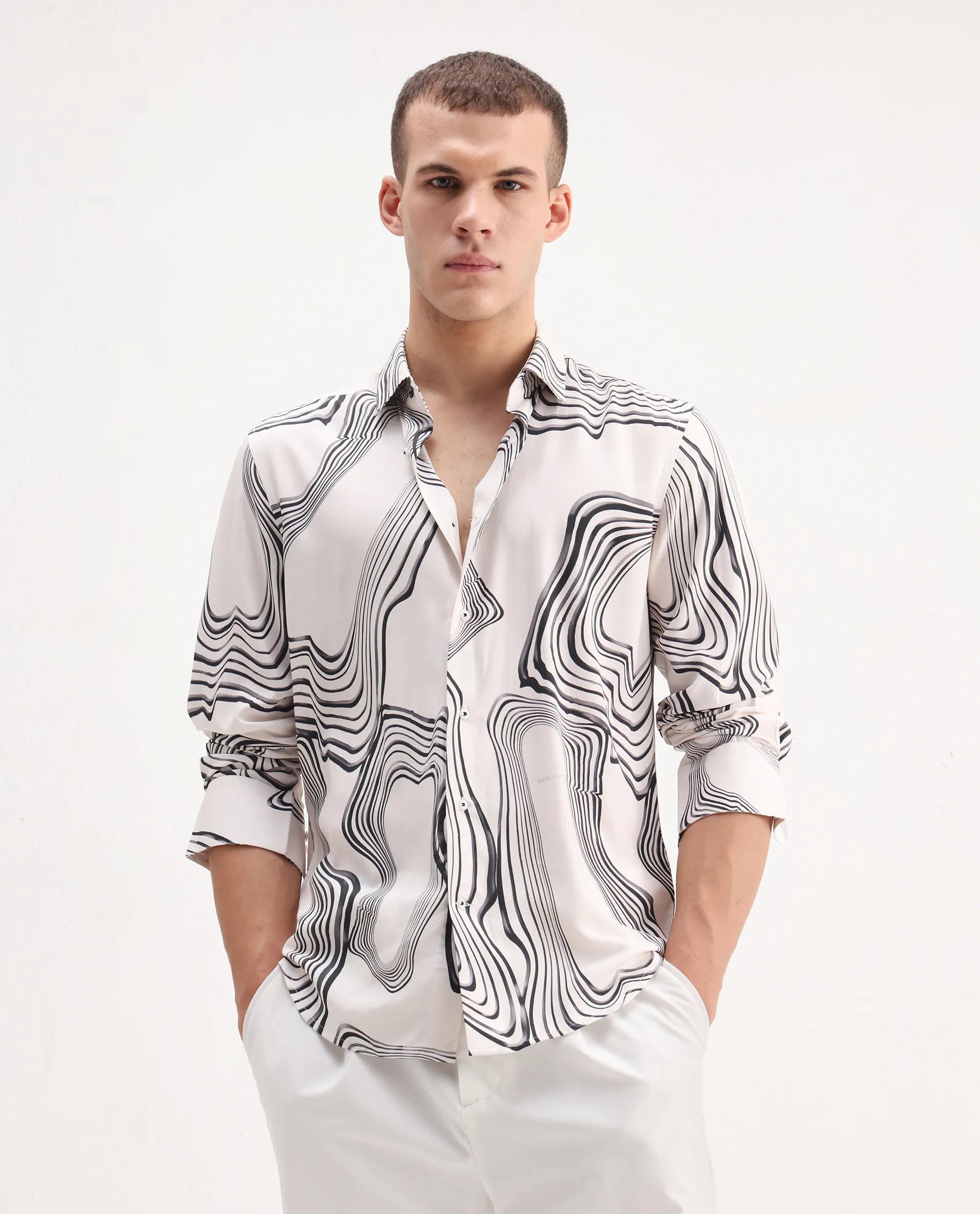 Rare Rabbit Men's Wira White Viscose Abstract Print Regular Fit Full Sleeve Collared Shirt