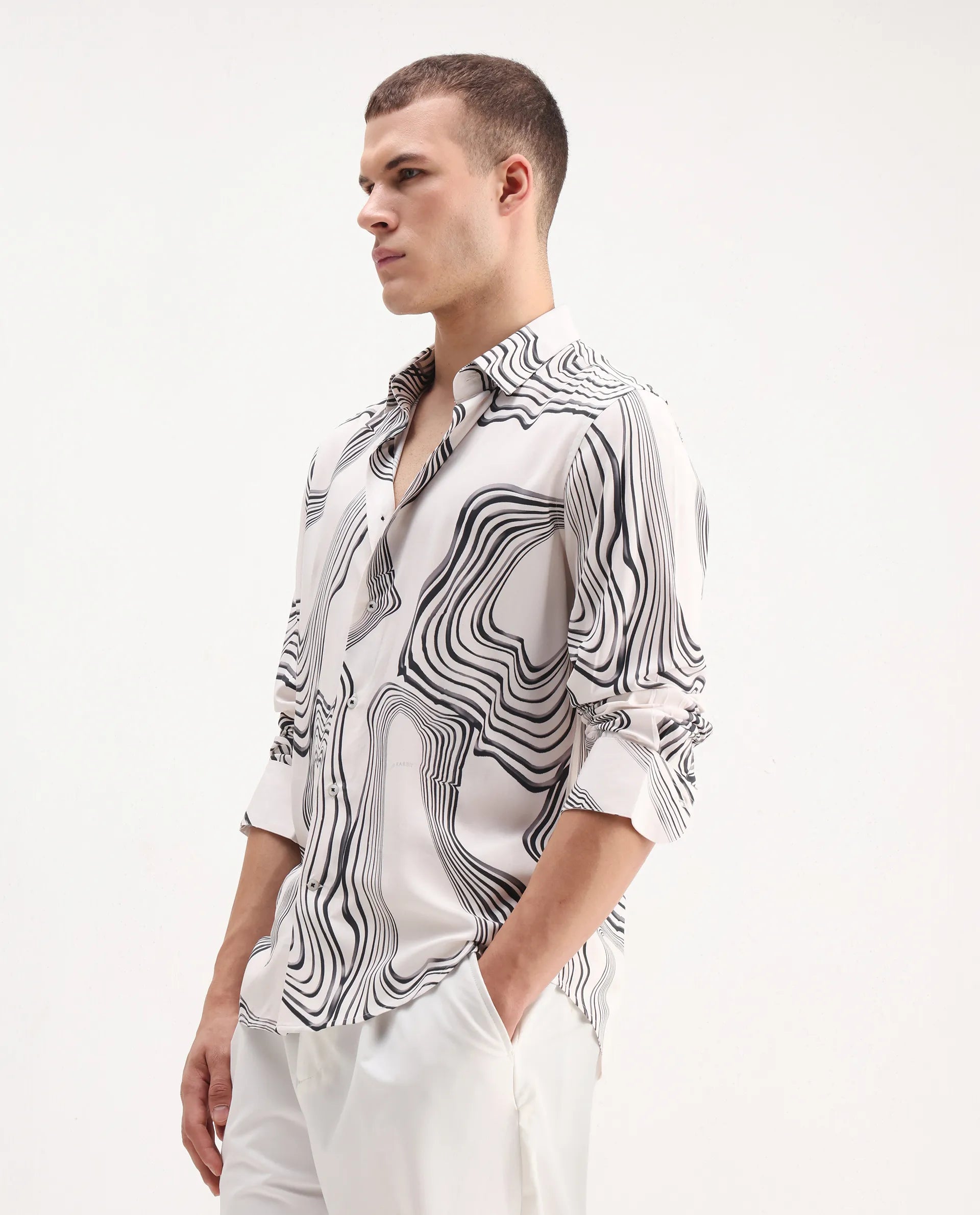 Rare Rabbit Men's Wira White Viscose Abstract Print Regular Fit Full Sleeve Collared Shirt