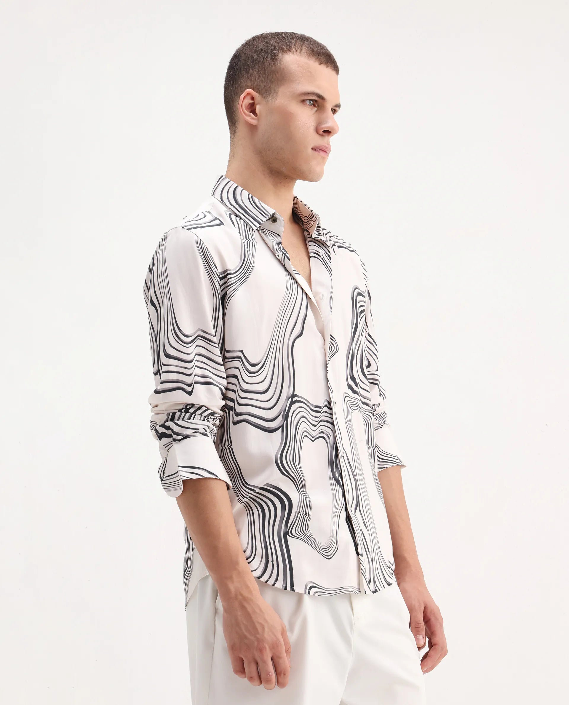 Rare Rabbit Men's Wira White Viscose Abstract Print Regular Fit Full Sleeve Collared Shirt