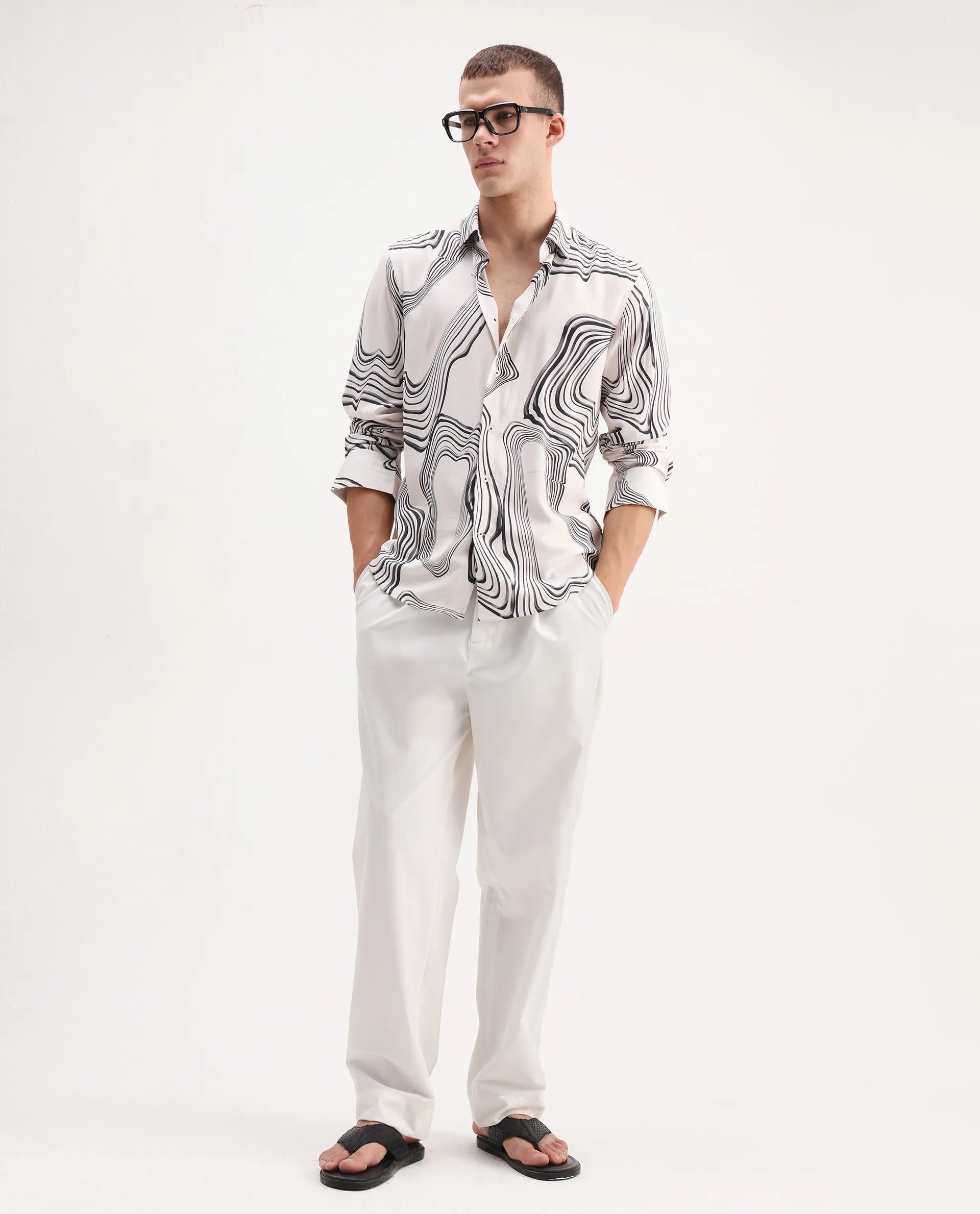 Rare Rabbit Men's Wira White Viscose Abstract Print Regular Fit Full Sleeve Collared Shirt