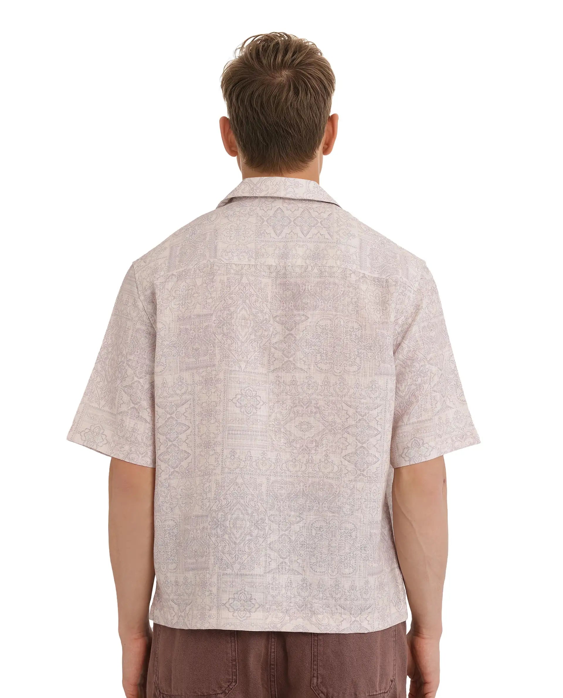 Rare Rabbit Men's Wisp Beige Polyester Fabric Short Sleeve Cuban Collared Button Closure Paisley Printed Shirt