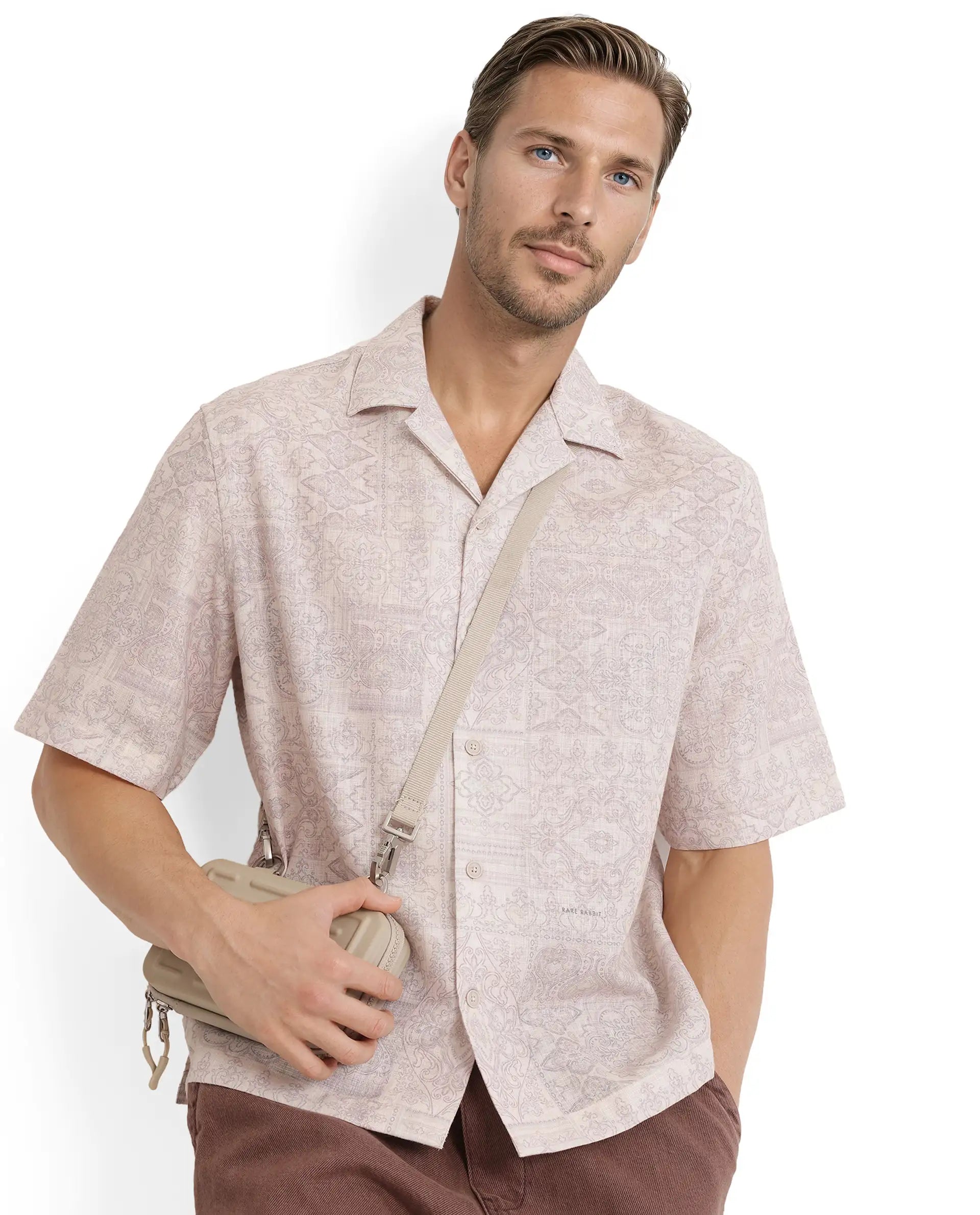 Rare Rabbit Men's Wisp Beige Polyester Fabric Short Sleeve Cuban Collared Button Closure Paisley Printed Shirt