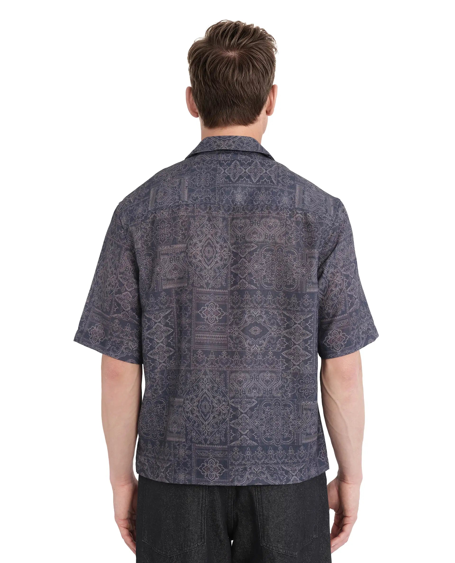 Rare Rabbit Men's Wisp Navy Polyester Fabric Short Sleeve Cuban Collared Button Closure Paisley Printed Shirt