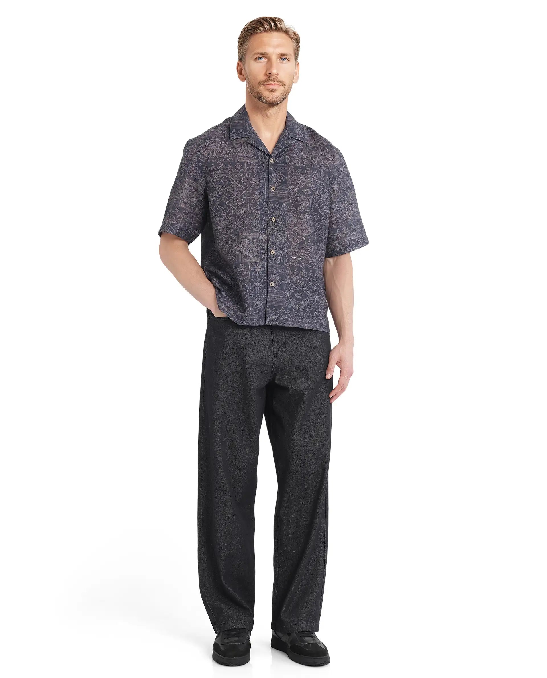 Rare Rabbit Men's Wisp Navy Polyester Fabric Short Sleeve Cuban Collared Button Closure Paisley Printed Shirt