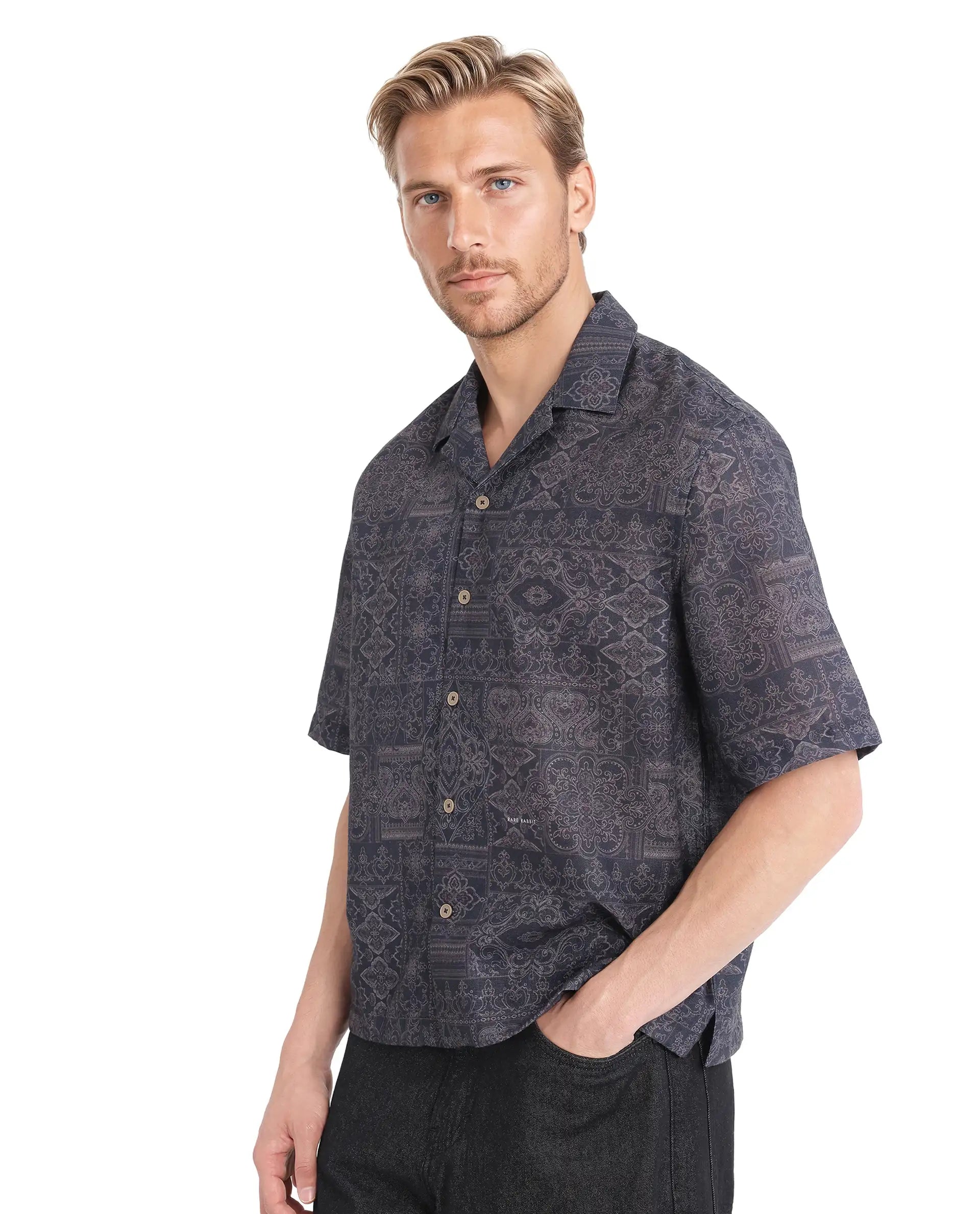 Rare Rabbit Men's Wisp Navy Polyester Fabric Short Sleeve Cuban Collared Button Closure Paisley Printed Shirt
