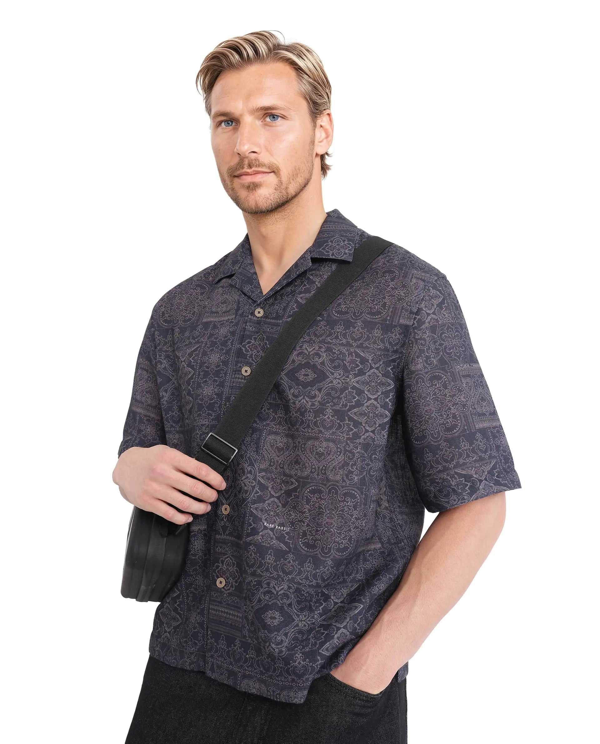 Rare Rabbit Men's Wisp Navy Polyester Fabric Short Sleeve Cuban Collared Button Closure Paisley Printed Shirt