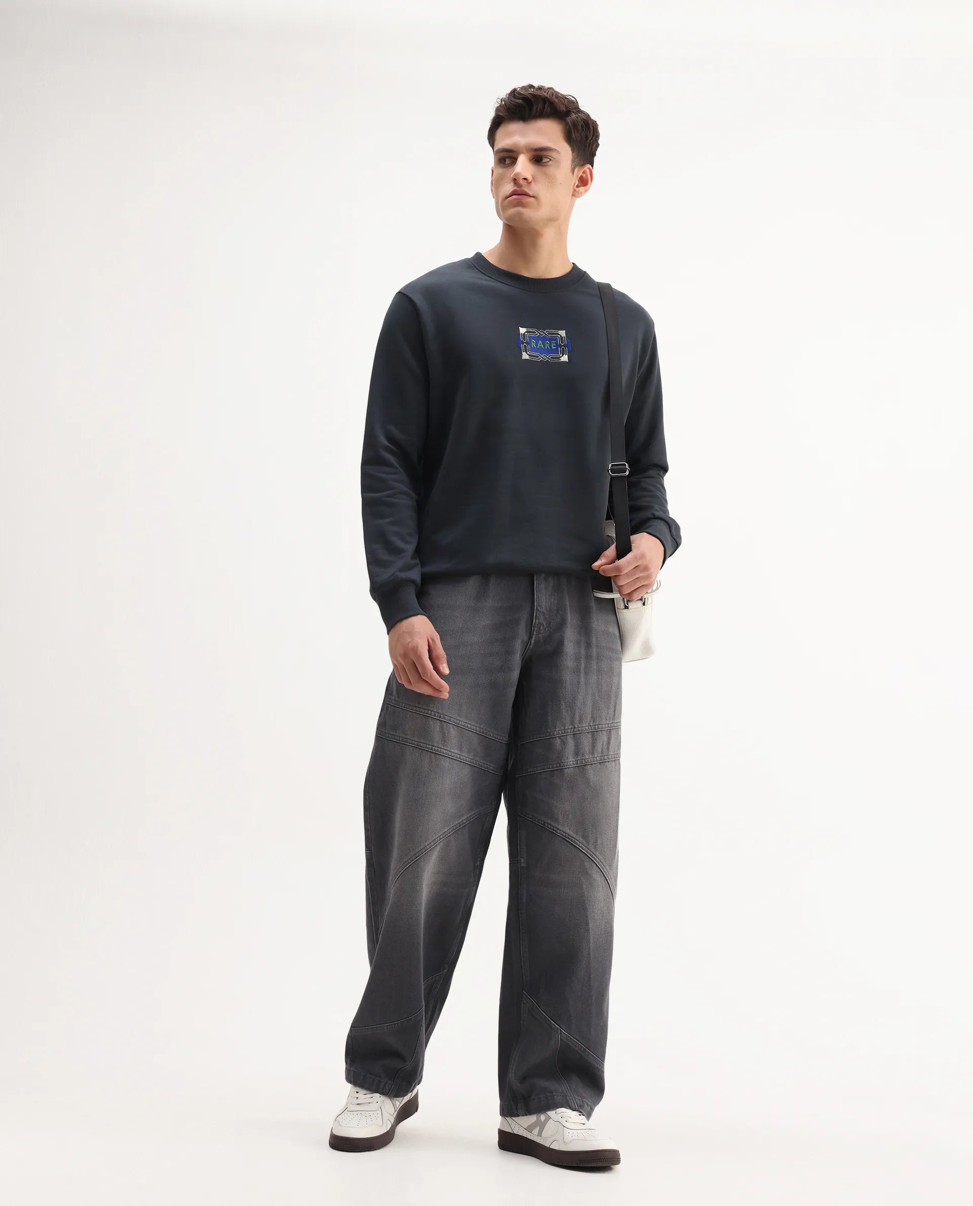 Rare Rabbit Men's Wolf Dark Grey Cotton Embroidered Regular Fit Full Sleeve Crew Neck Sweatshirt