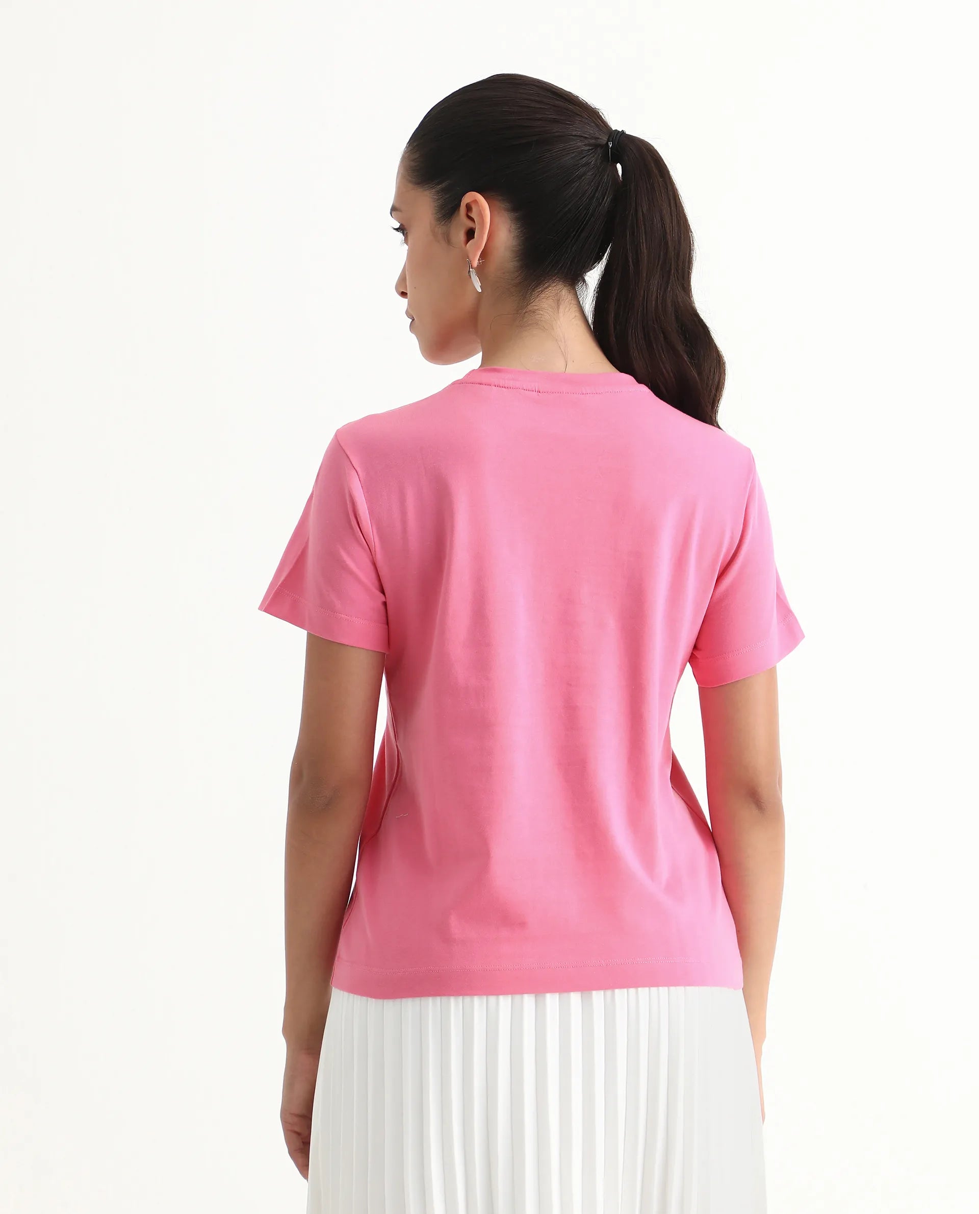 Rareism Women's Wond Light Pink Cotton Blend Crew Neck Floral Print Regular Fit T-Shirt