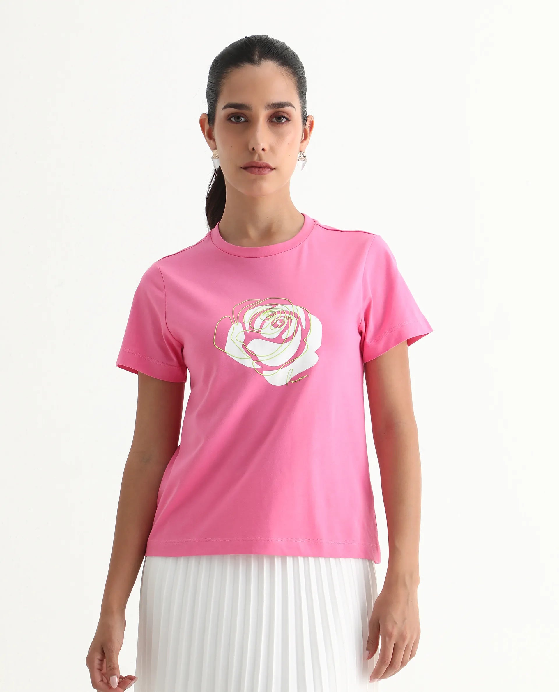 Rareism Women's Wond Light Pink Cotton Blend Crew Neck Floral Print Regular Fit T-Shirt