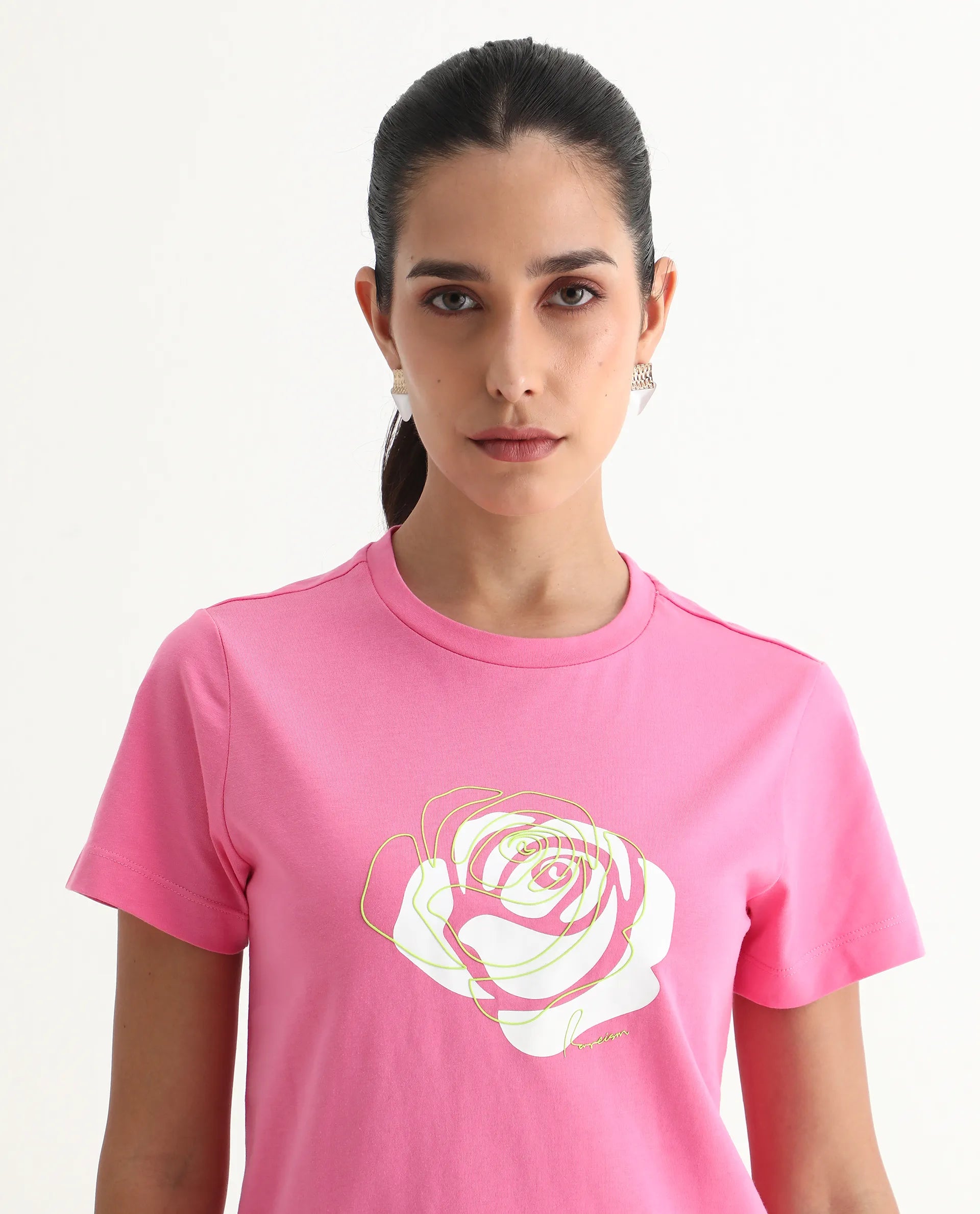 Rareism Women's Wond Light Pink Cotton Blend Crew Neck Floral Print Regular Fit T-Shirt