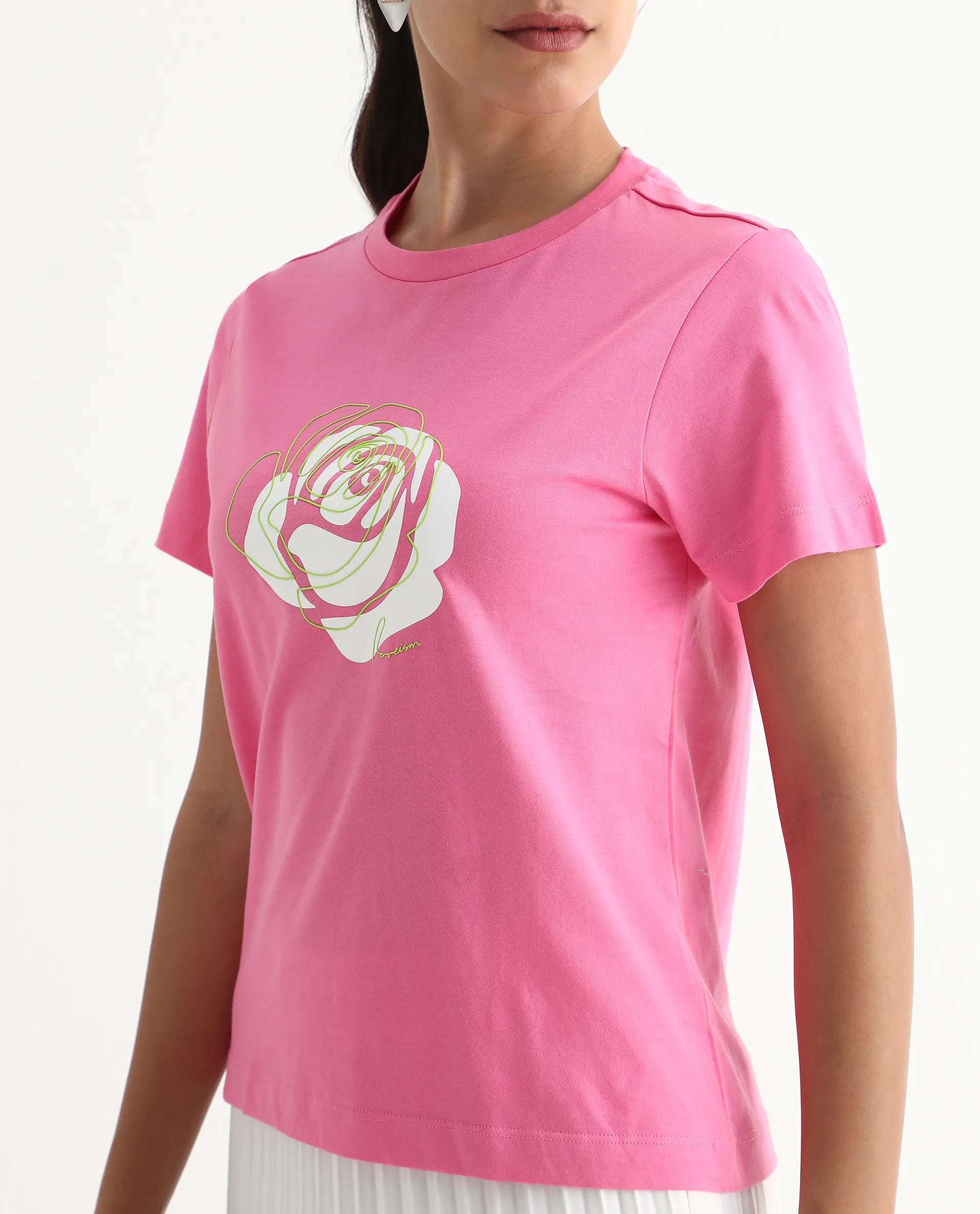 Rareism Women's Wond Light Pink Cotton Blend Crew Neck Floral Print Regular Fit T-Shirt