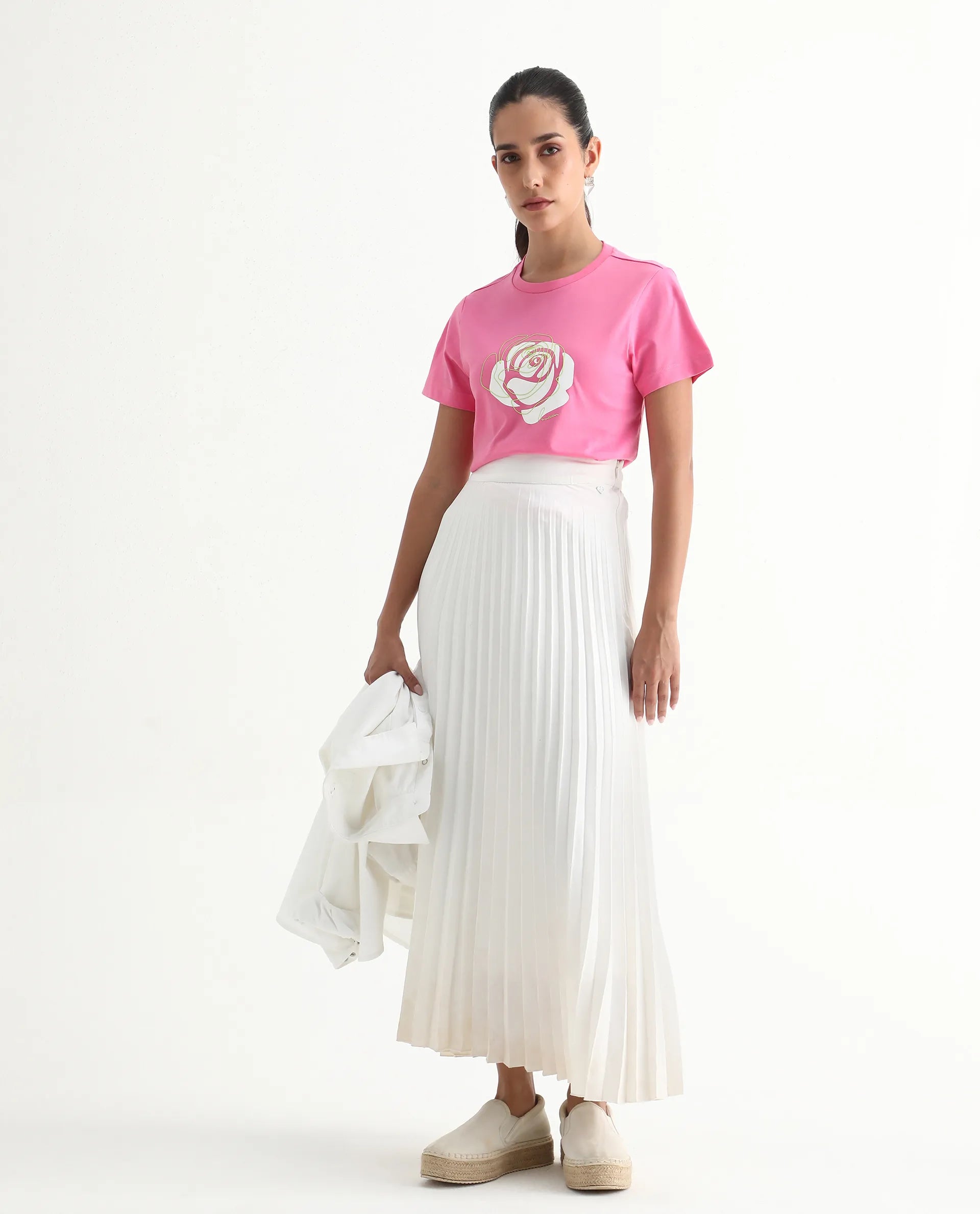 Rareism Women's Wond Light Pink Cotton Blend Crew Neck Floral Print Regular Fit T-Shirt