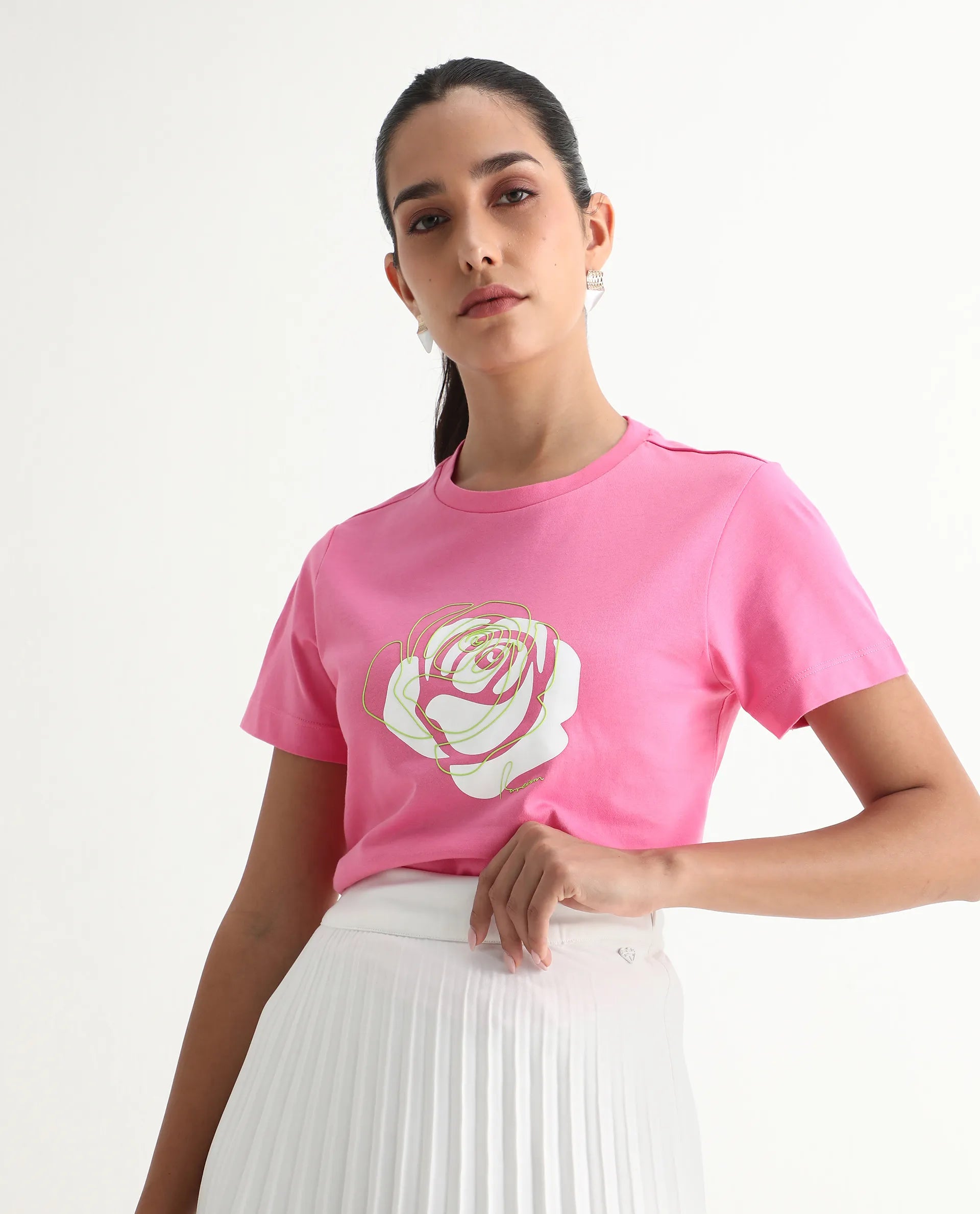 Rareism Women's Wond Light Pink Cotton Blend Crew Neck Floral Print Regular Fit T-Shirt