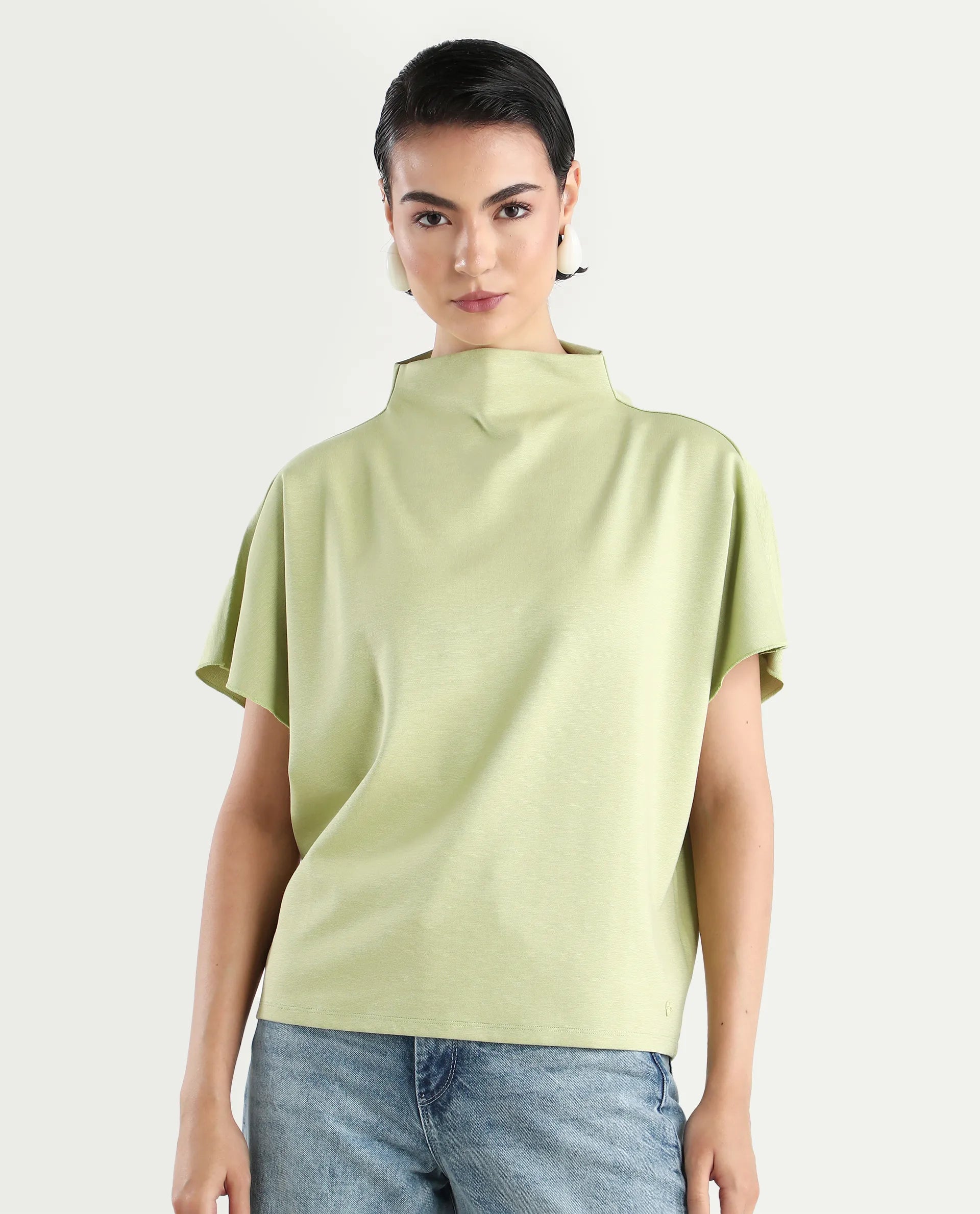 Rareism Women's Worknet Dusky Green Cotton Blend High Neck Plain Extended Sleeves Relaxed Fit Top