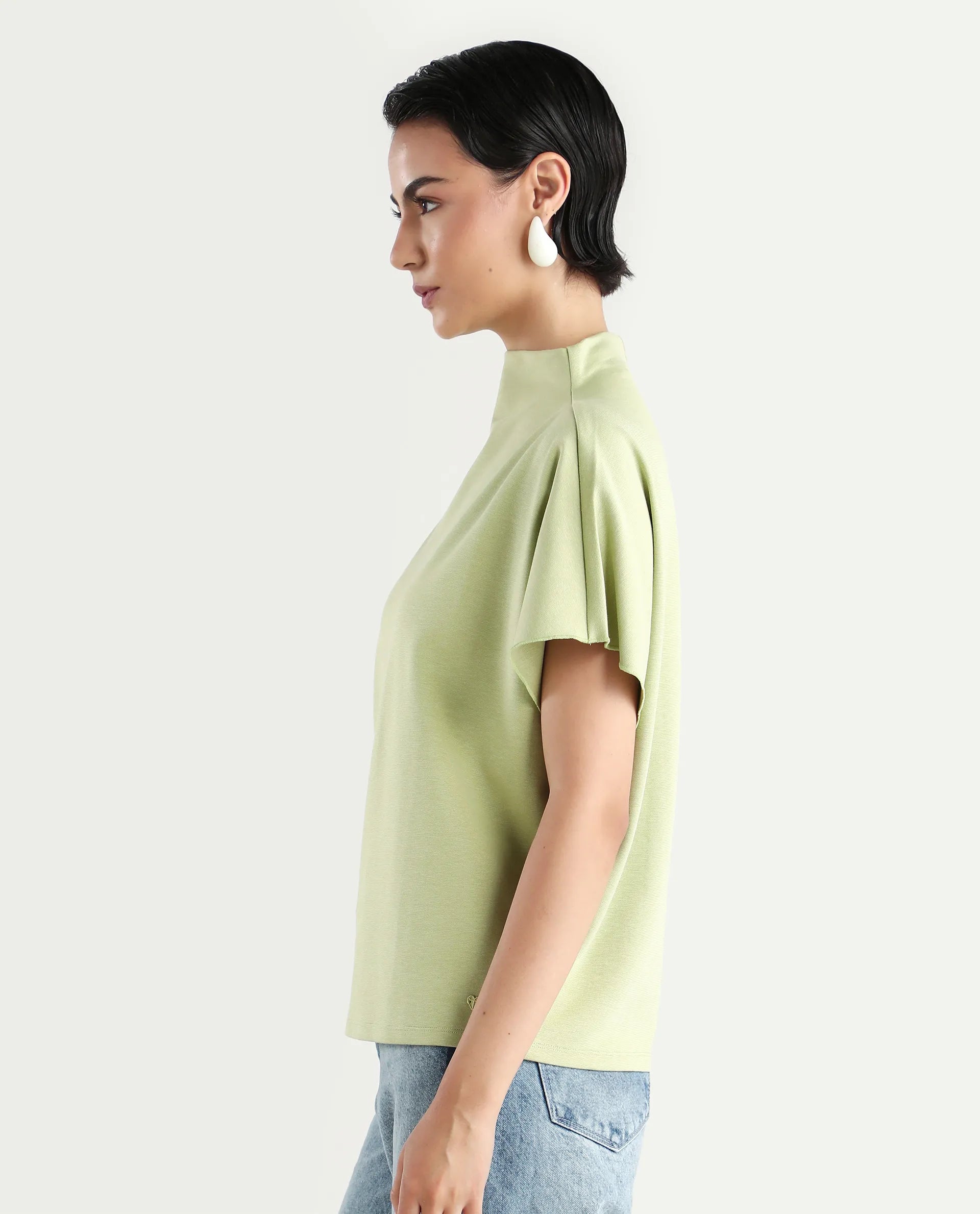 Rareism Women's Worknet Dusky Green Cotton Blend High Neck Plain Extended Sleeves Relaxed Fit Top