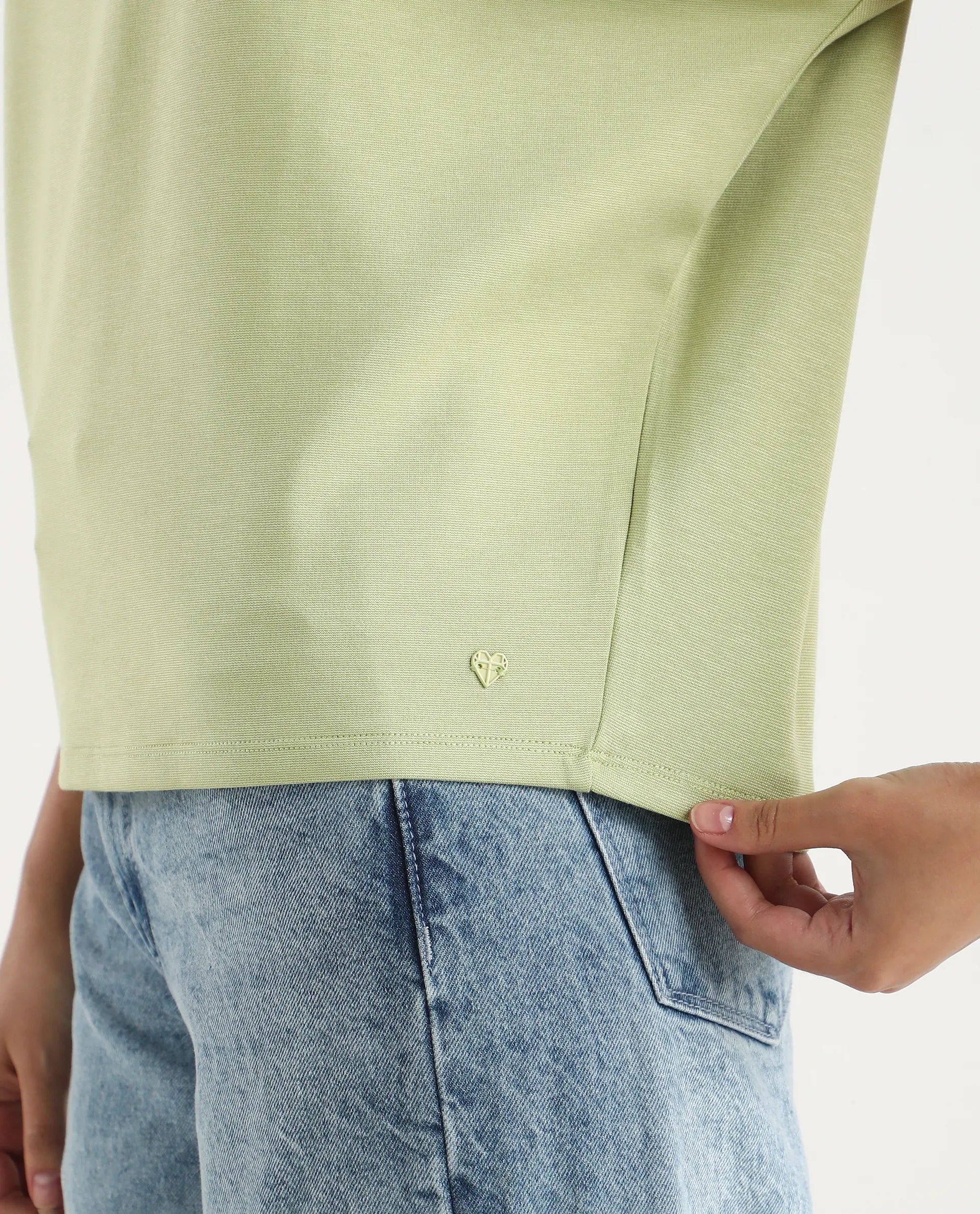 Rareism Women's Worknet Dusky Green Cotton Blend High Neck Plain Extended Sleeves Relaxed Fit Top