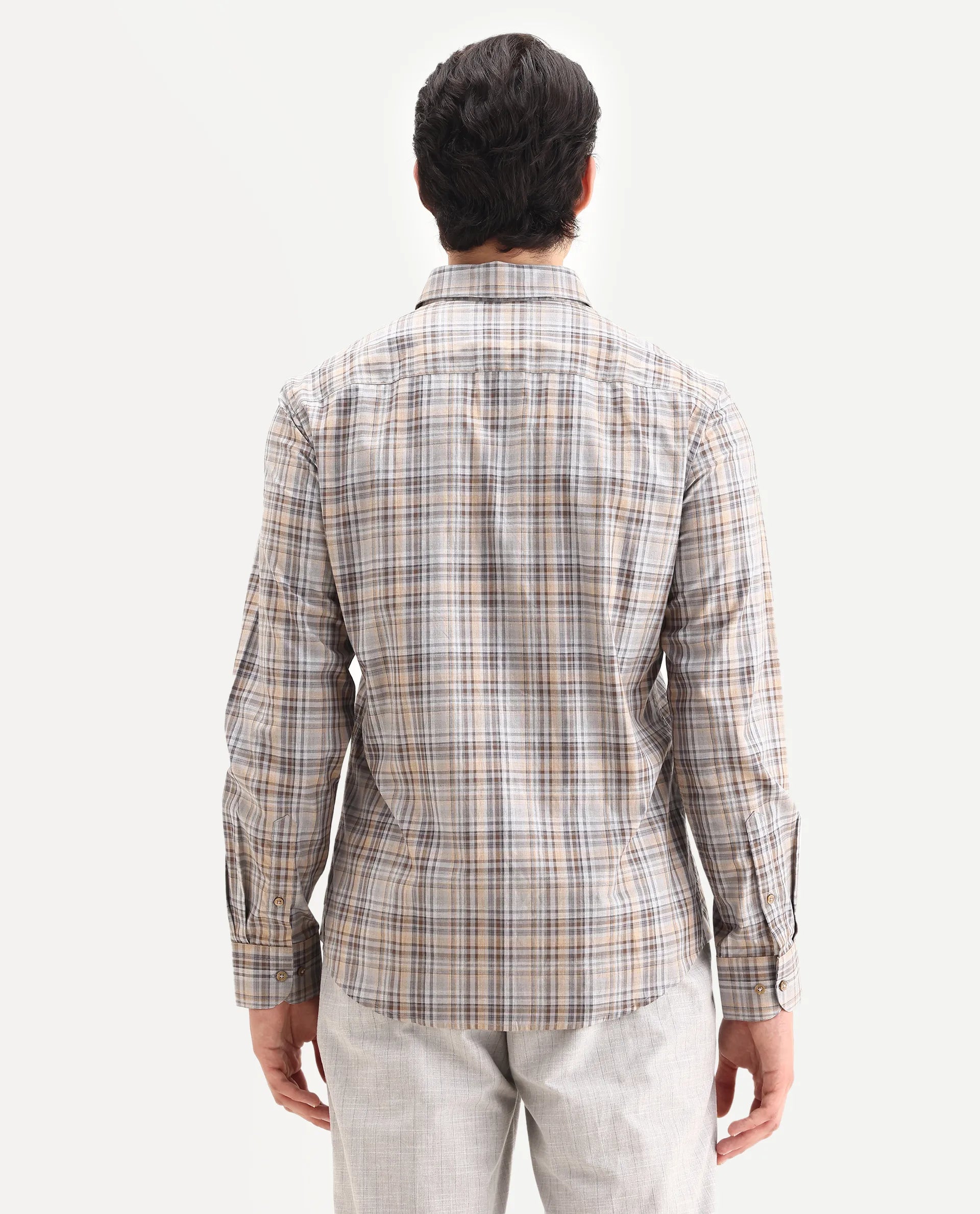 Rare Rabbit Men's Woti Grey Cotton Fabric Full Sleeve Collared Neck Regular Checked Shirt
