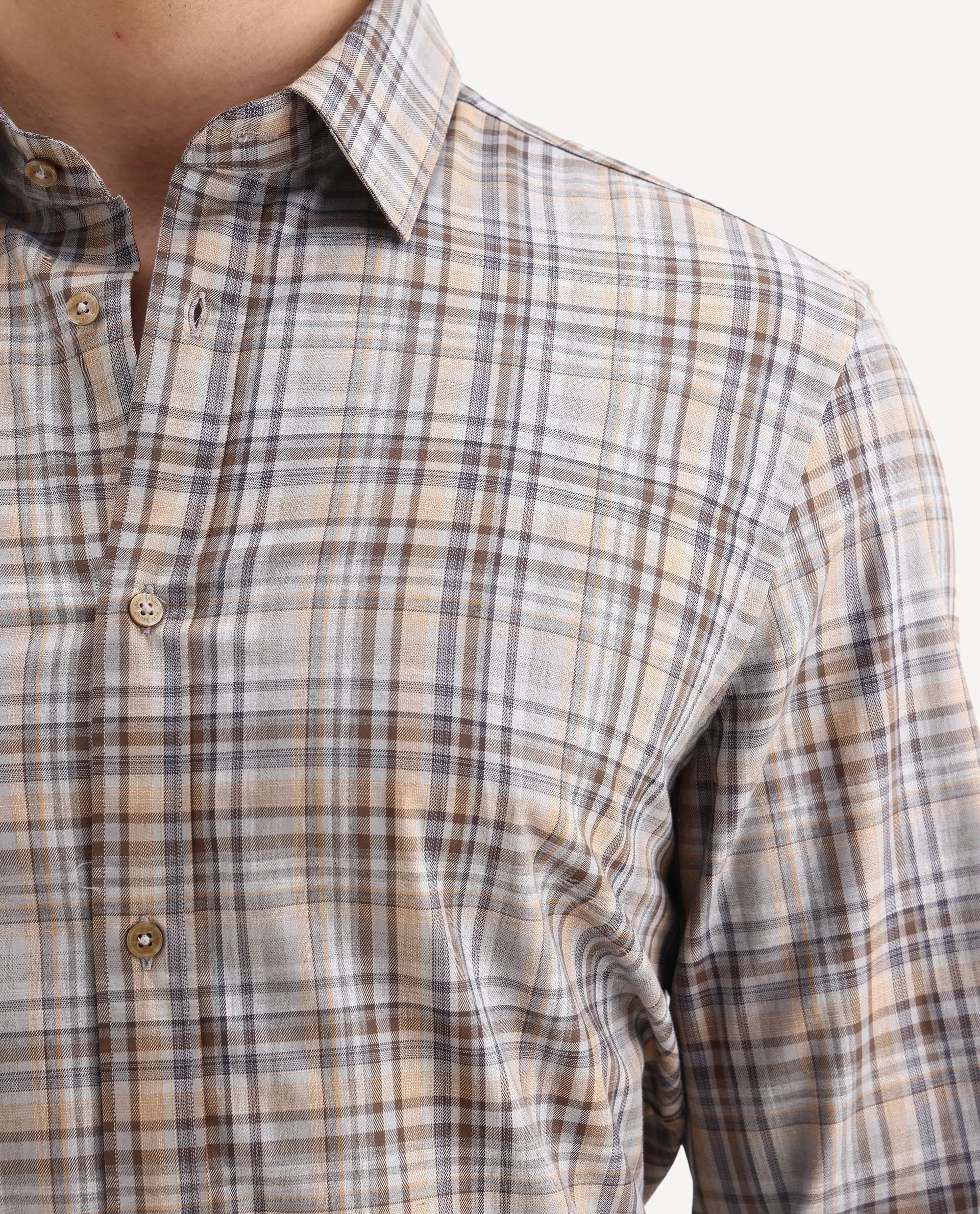 Rare Rabbit Men's Woti Grey Cotton Fabric Full Sleeve Collared Neck Regular Checked Shirt