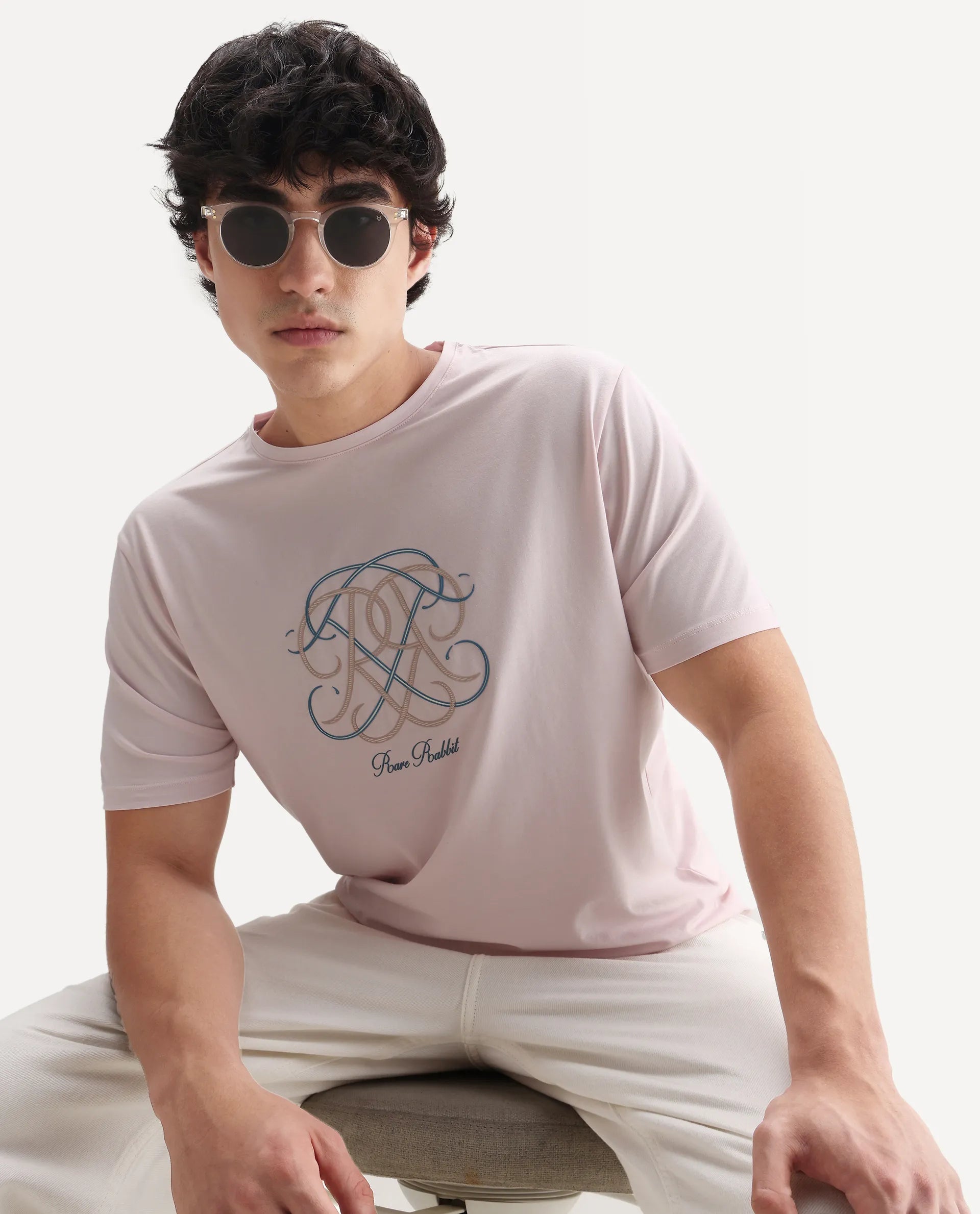 Rare Rabbit Men's Wrax Light Pink Cotton Blend Hd Print Regular Fit Half Sleeve Crew Neck T-Shirt